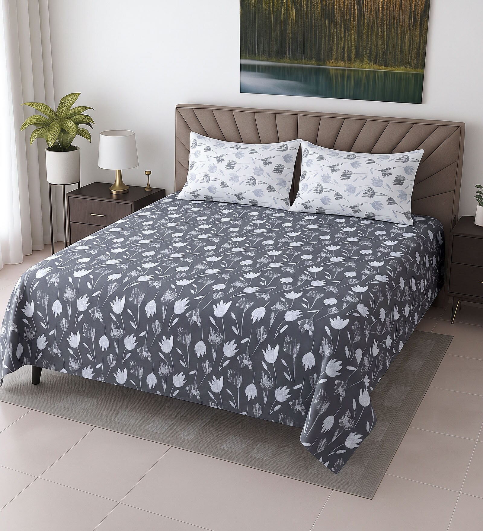 Charcoal Floral 400 TC Cotton Super King Bedsheet with 2 Pillow Covers Luxury Series Collection