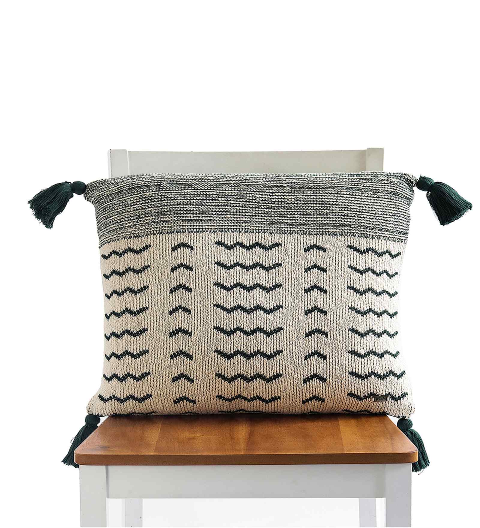 Charcoal Green & Natural 100% Cotton Amara 18X18 Inches Knitted Cushion Cover