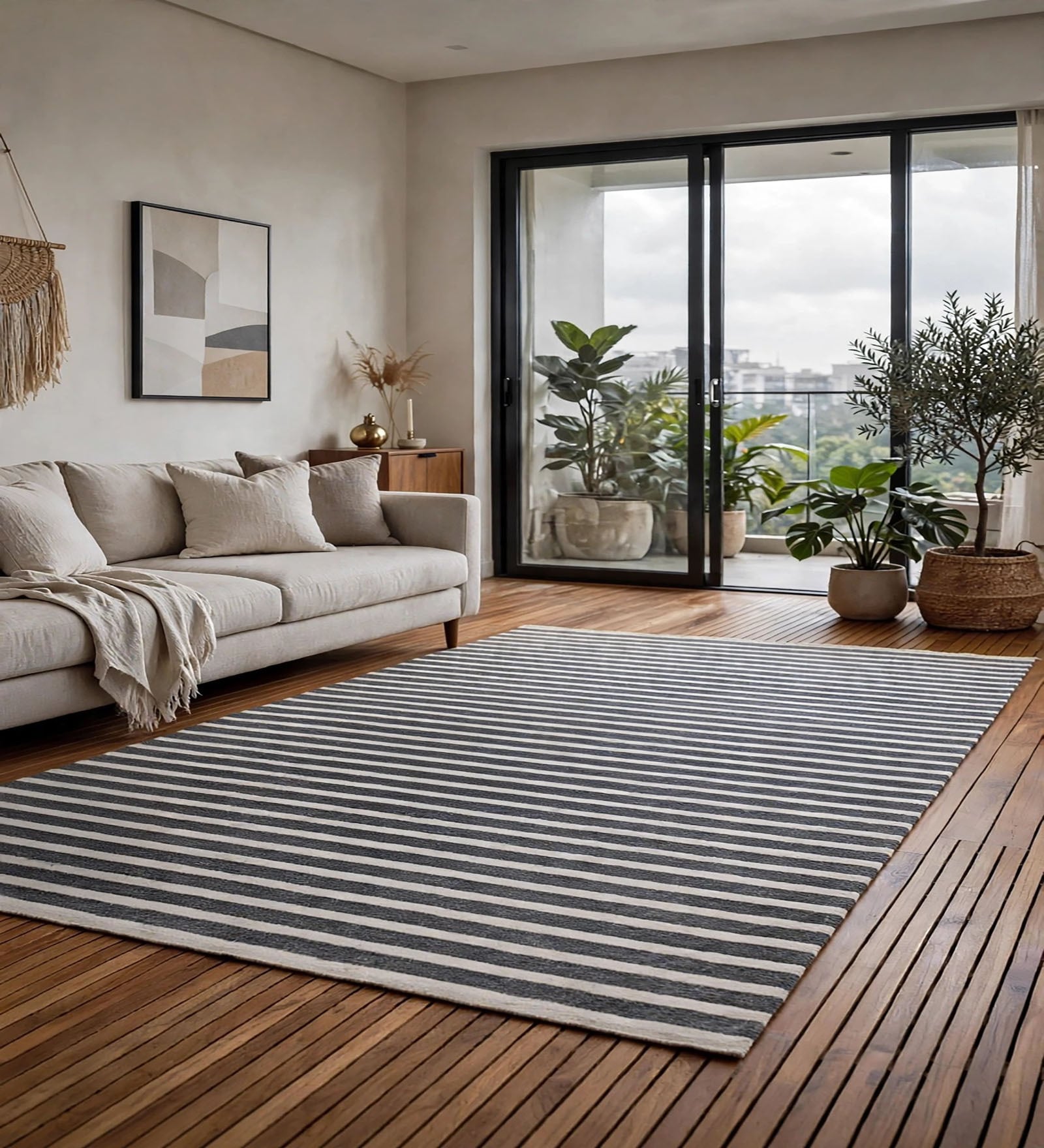 Grey Geometric Wool And Cotton 5 X 8 Ft Hand Tufted Carpet