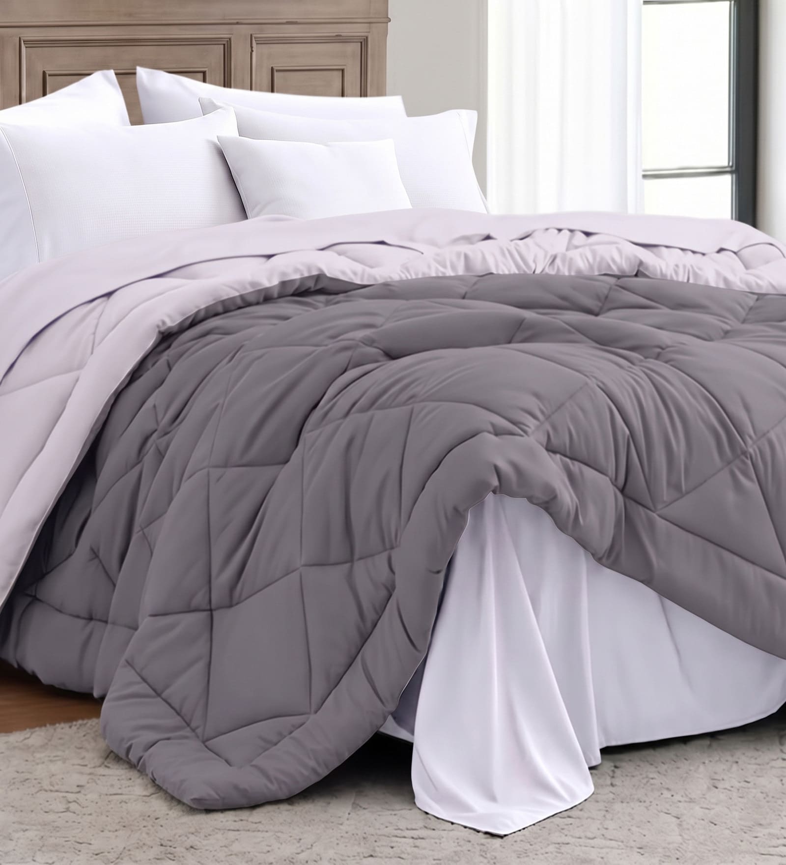Charcoal Grey Polycotton Solid 350 GSM Double Bed Reversible Quilted Comforter