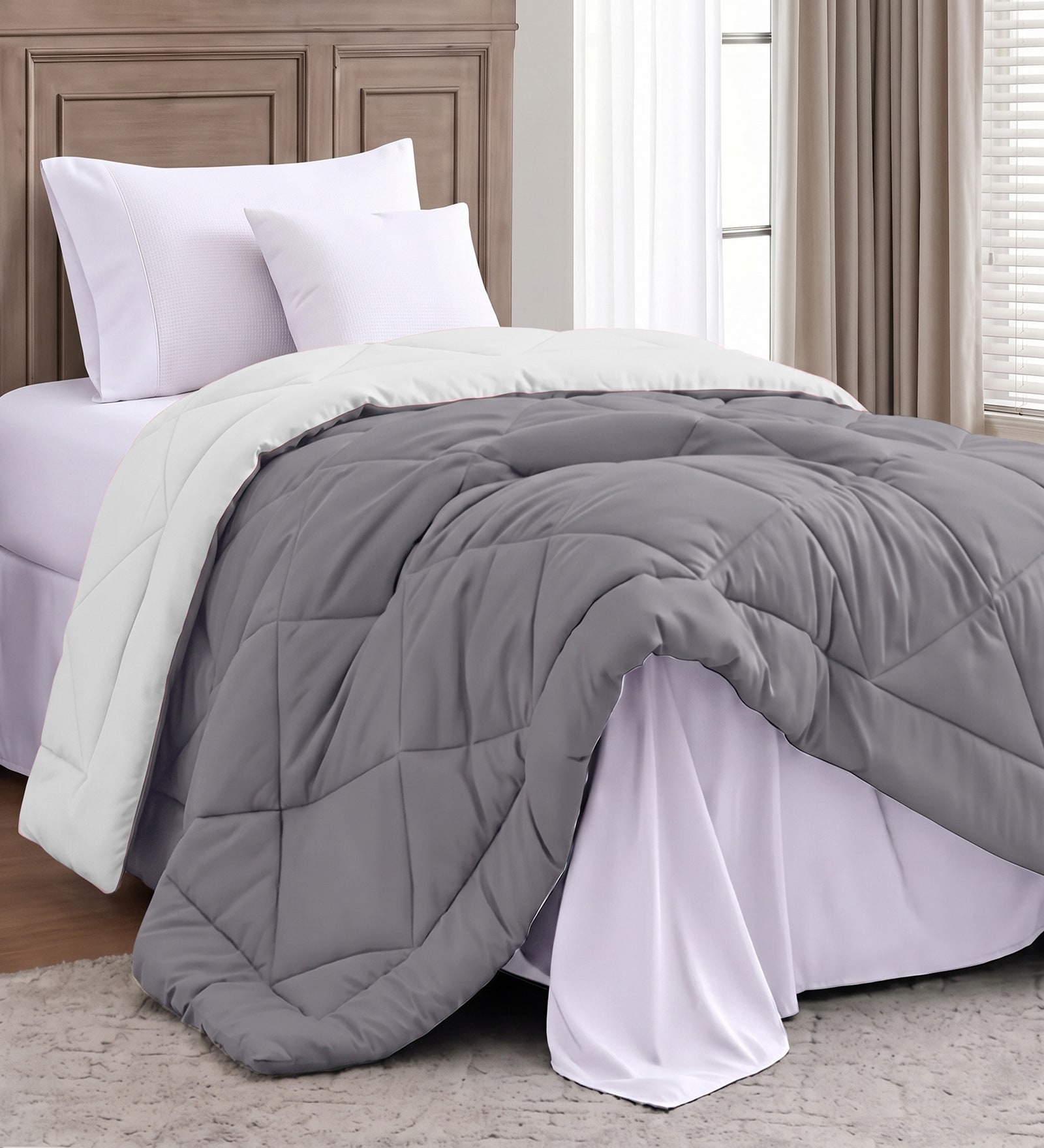 Charcoal Grey Polycotton Solid 350 GSM Single Bed Reversible Quilted Comforter