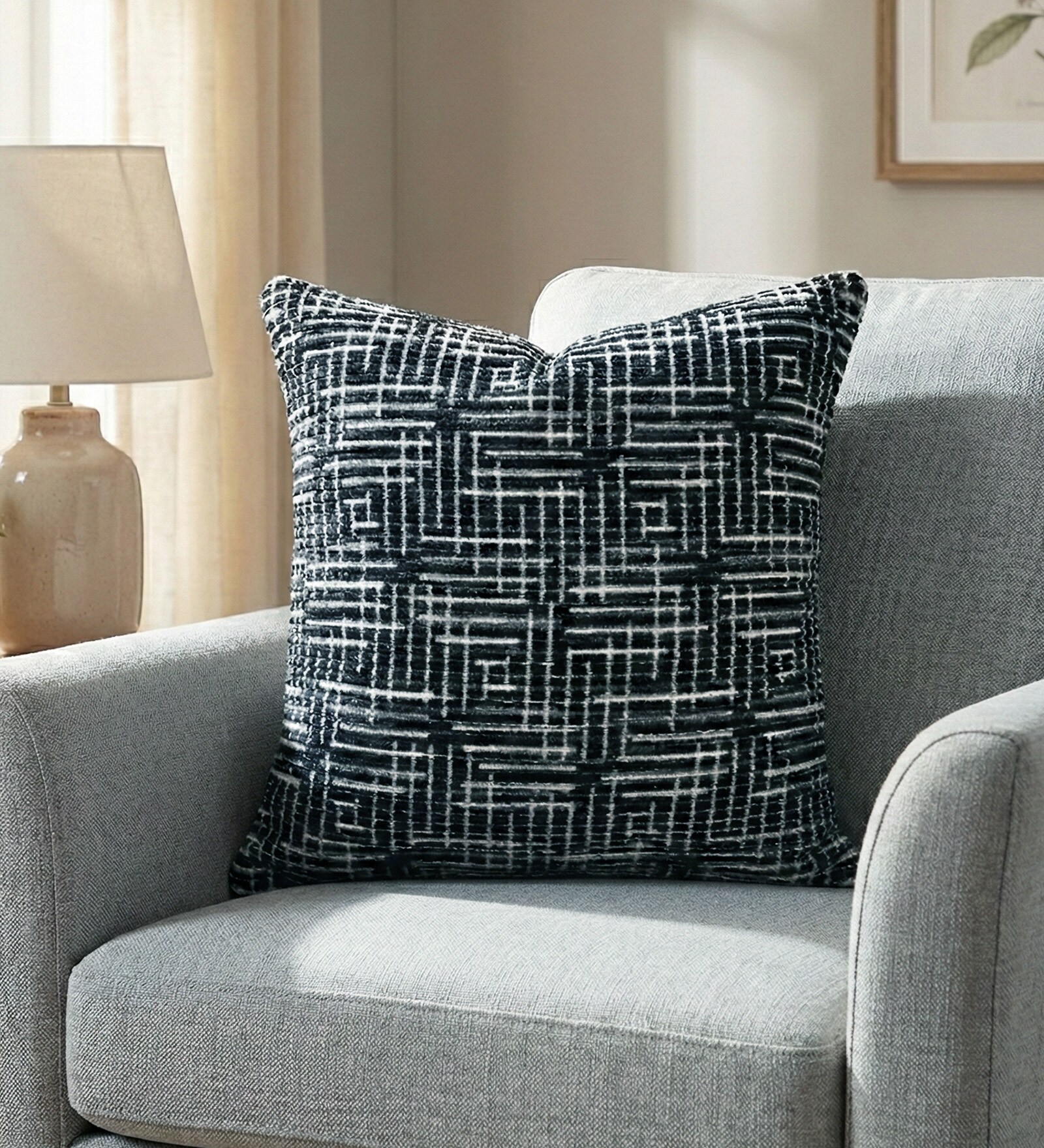 Charcoal Polyester Geometric 16x16 inches Cushion Cover