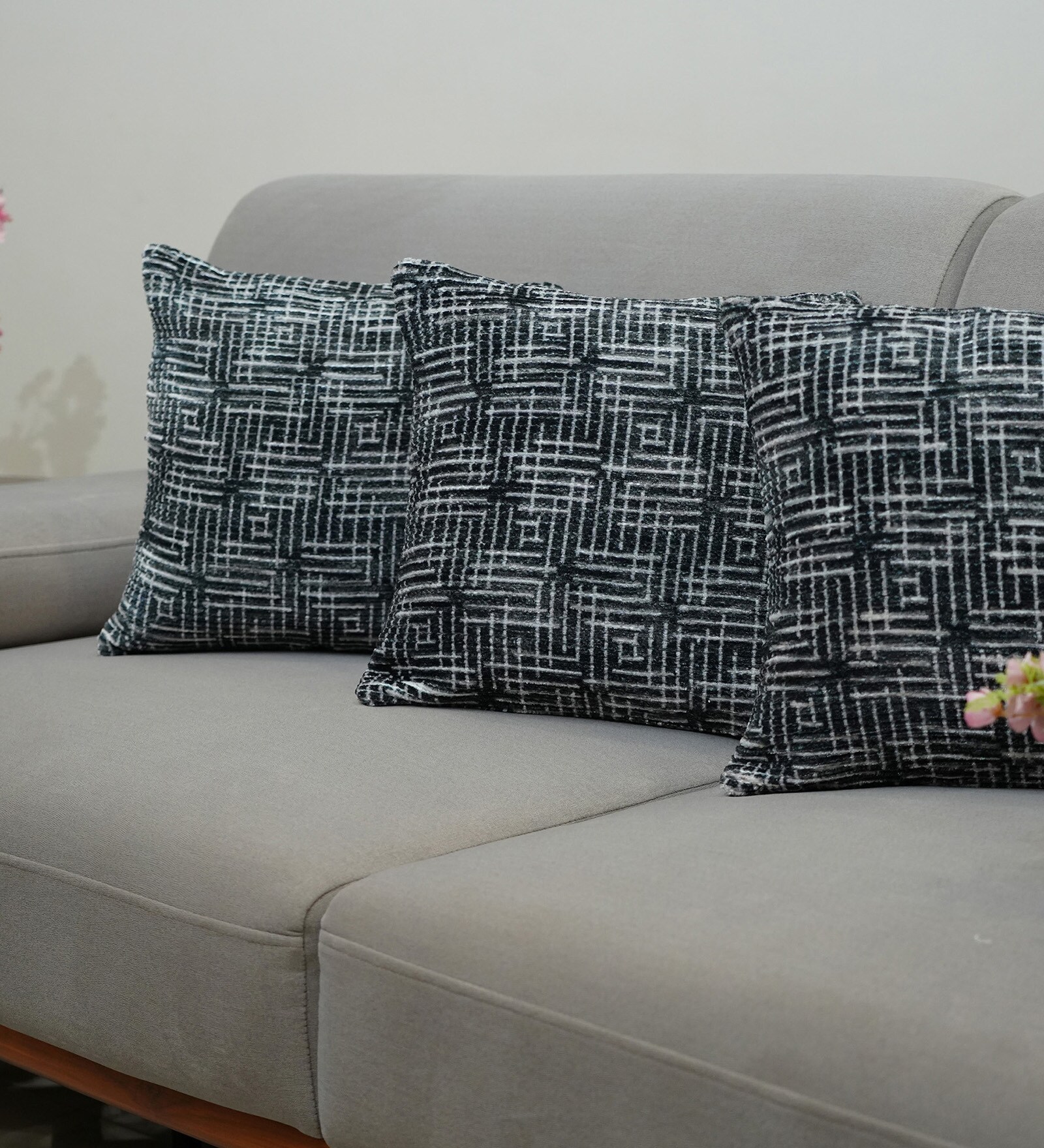 Charcoal Polyester Geometric 16x16 inches Cushion Covers Set of 3