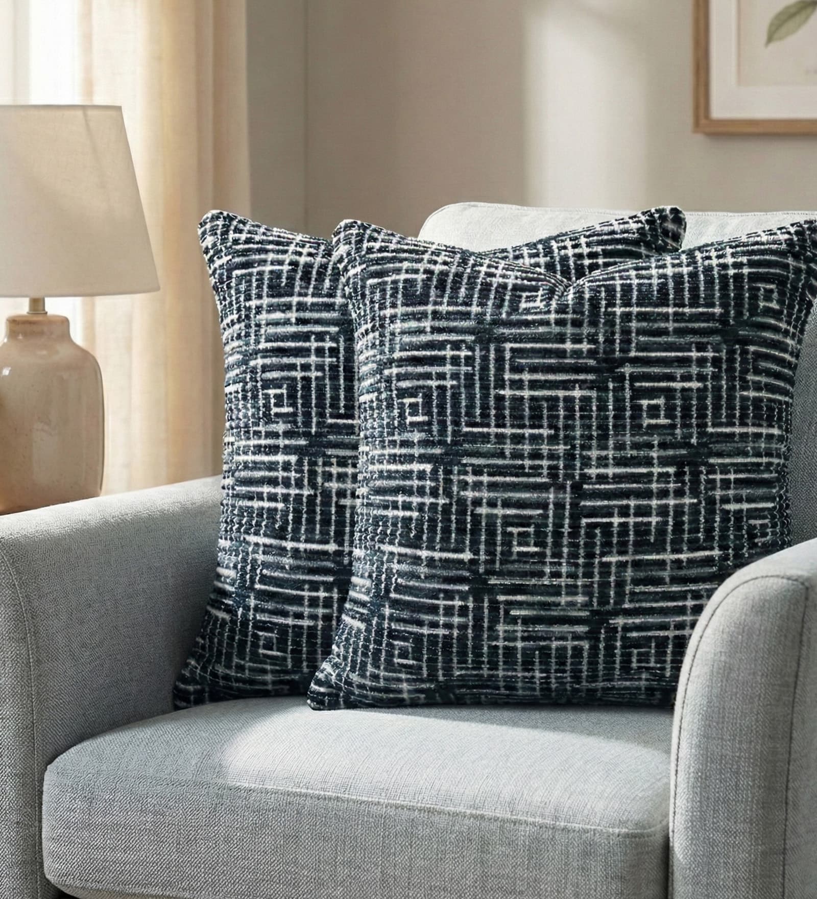 Charcoal Polyester Geometric 18x18 inches Cushion Covers Set of 2