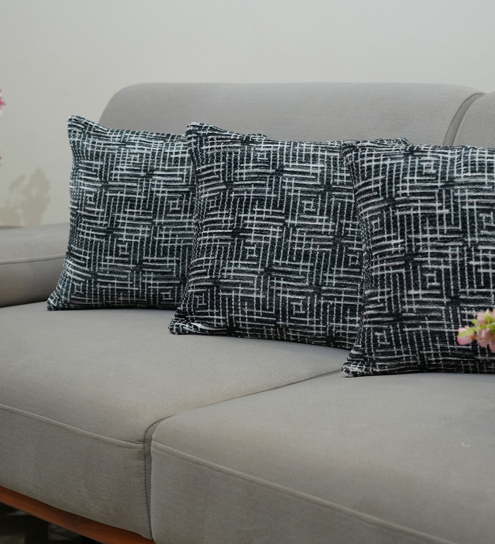 Charcoal Polyester Geometric 18x18 inches Cushion Covers Set of 3