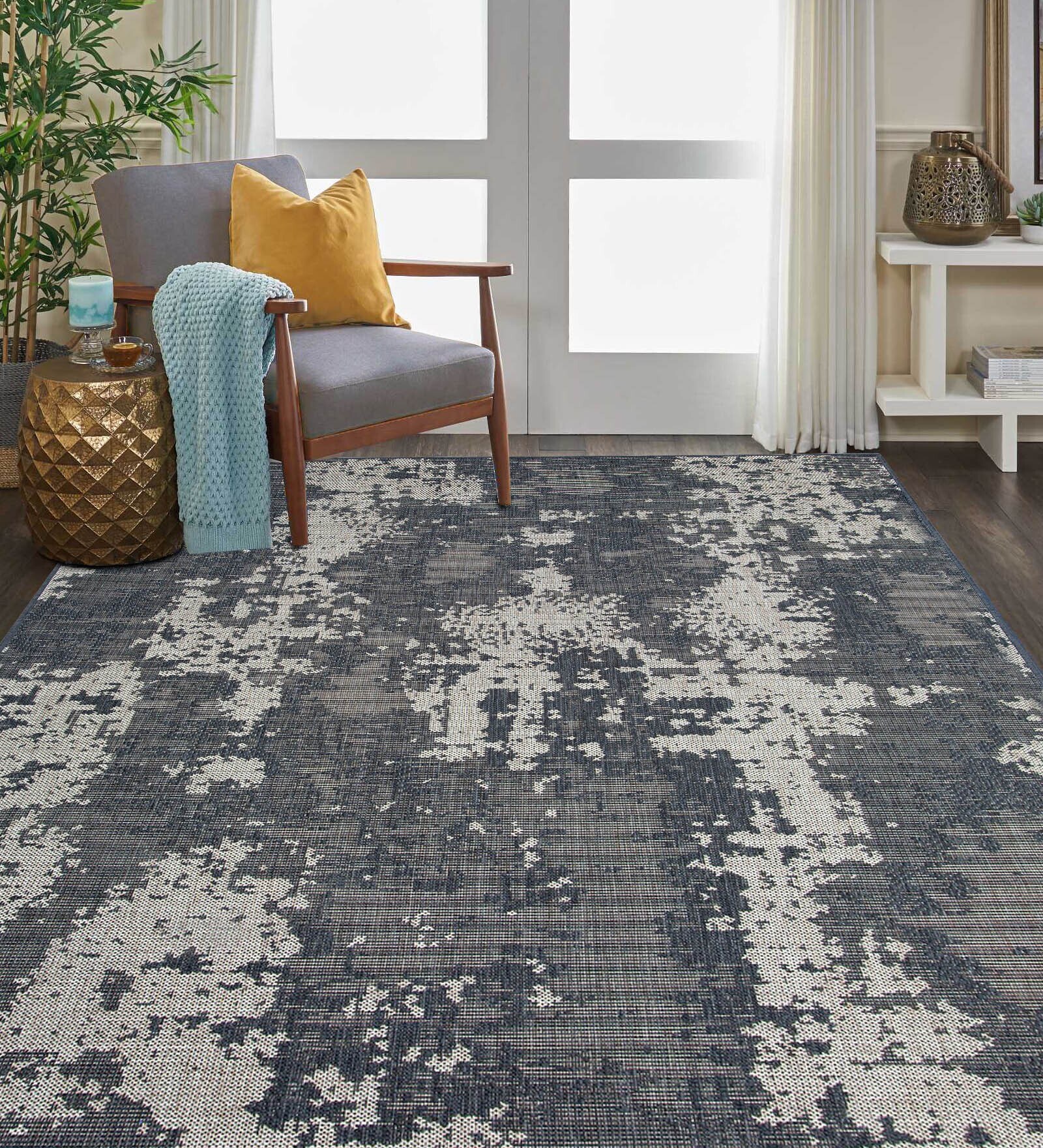 Dark Grey Abstract Polypropylene 8 ft x 10 ft Machine Made Carpet