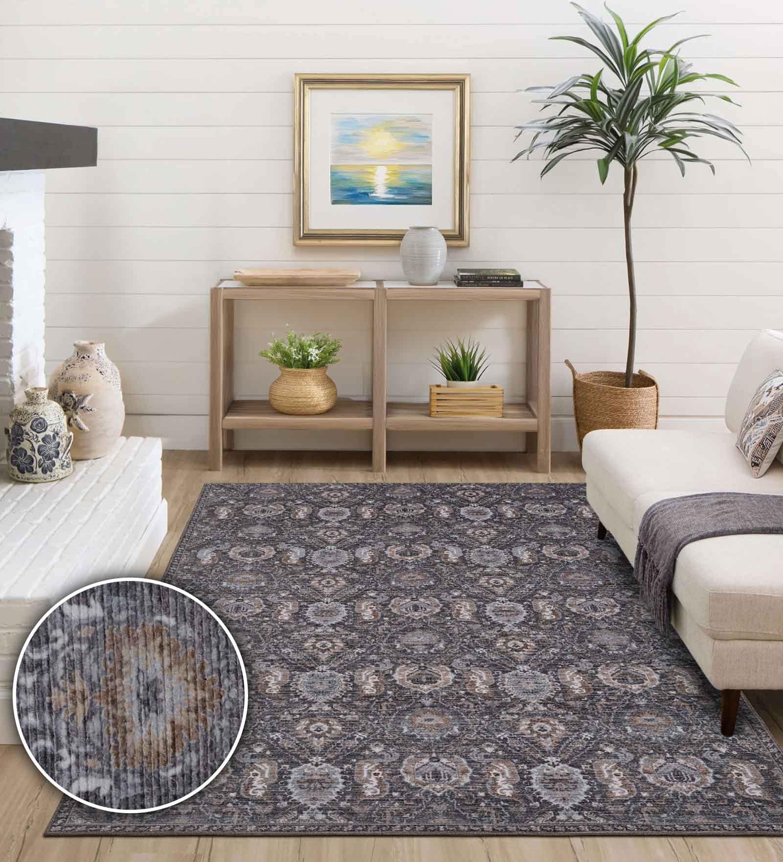 Charcoal Vintage Polyester 5' X 7' Machine Made Carpet