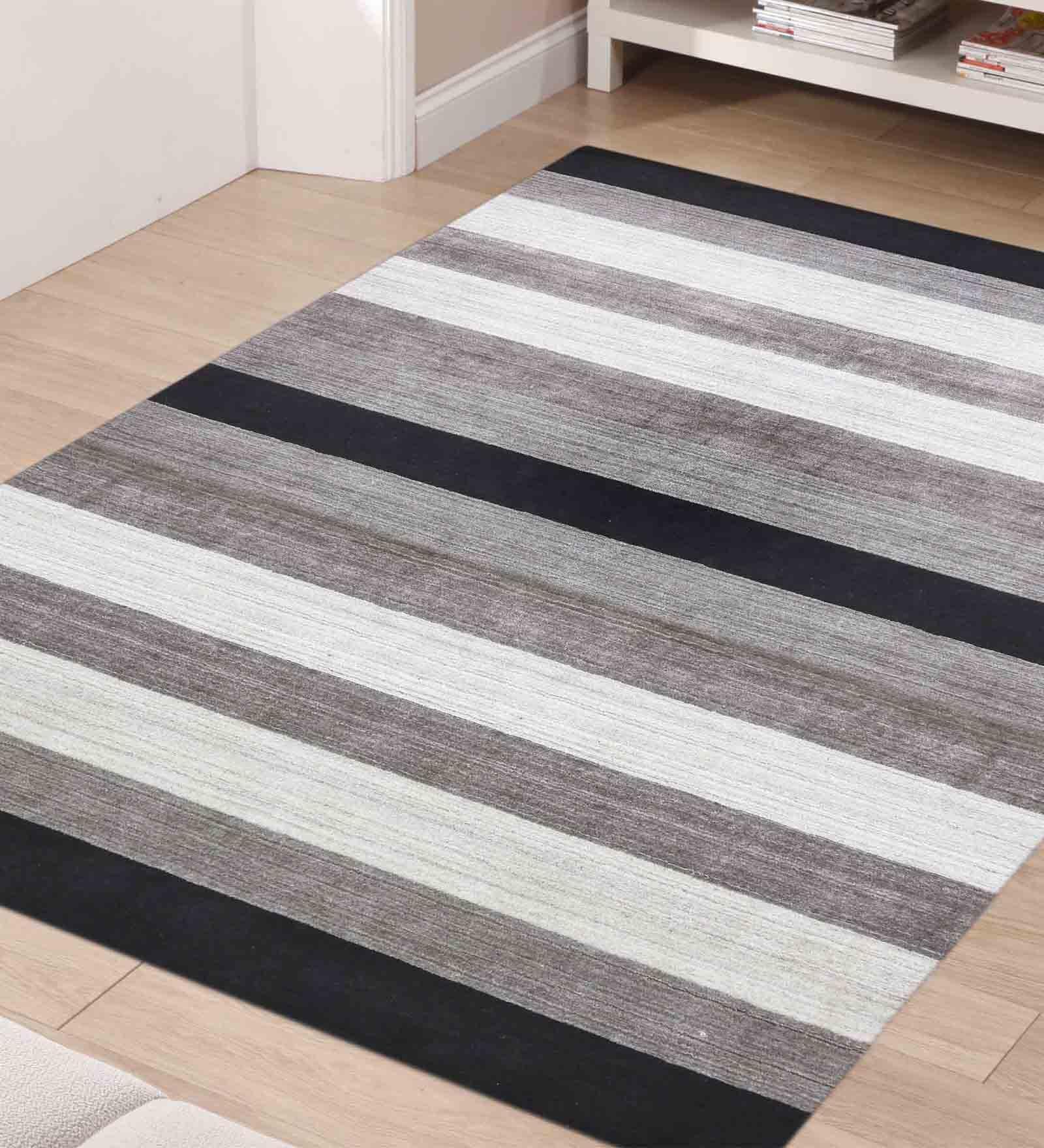 Black Striped Wool And Viscose 5 ft x 8 ft Hand Woven Carpet