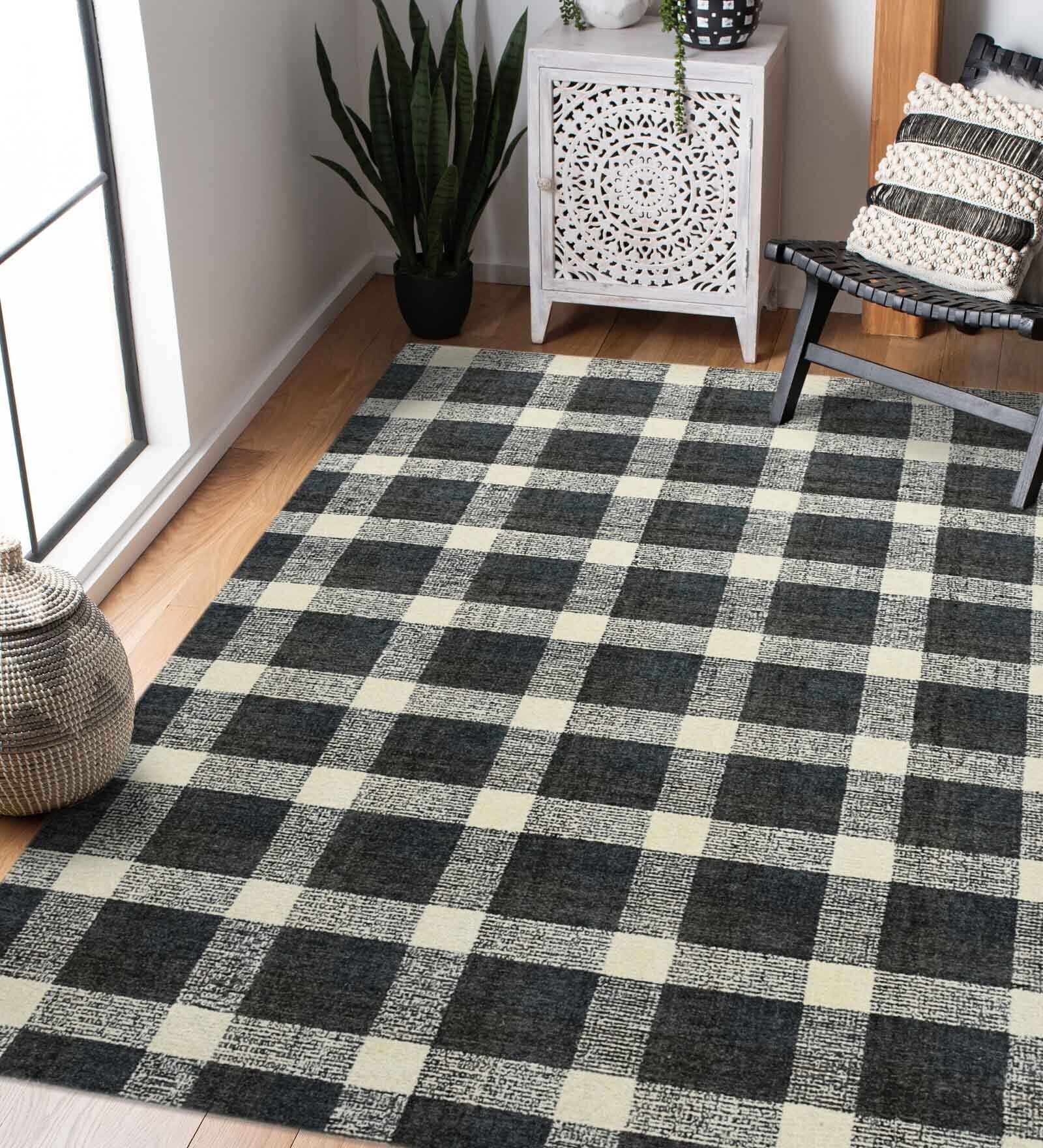 Black Geometric Wool 8 ft x 10 ft Hand Tufted Carpet