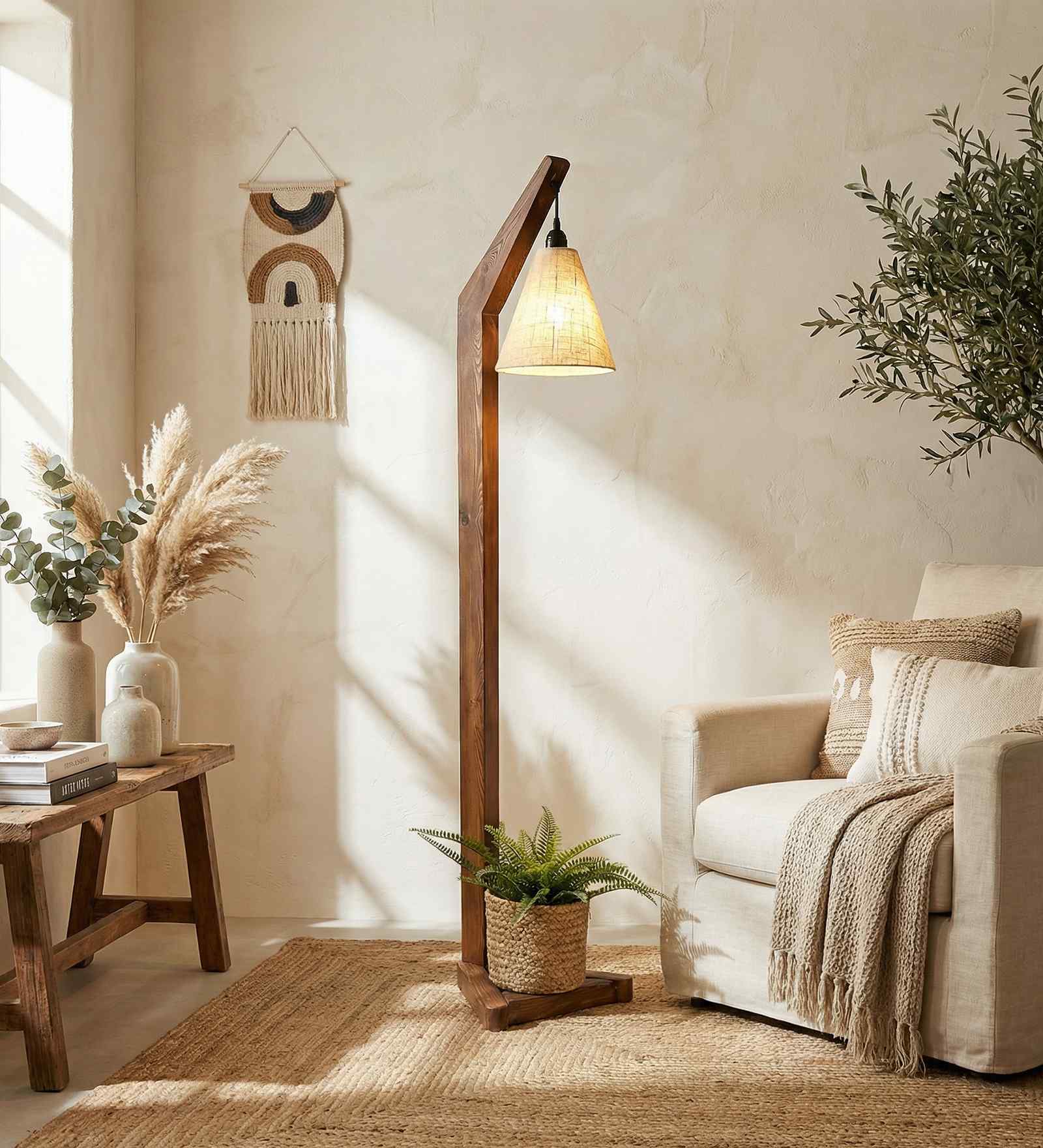 Charles Wooden Shelf Floor Lamp with Jute Shade & Brown Base