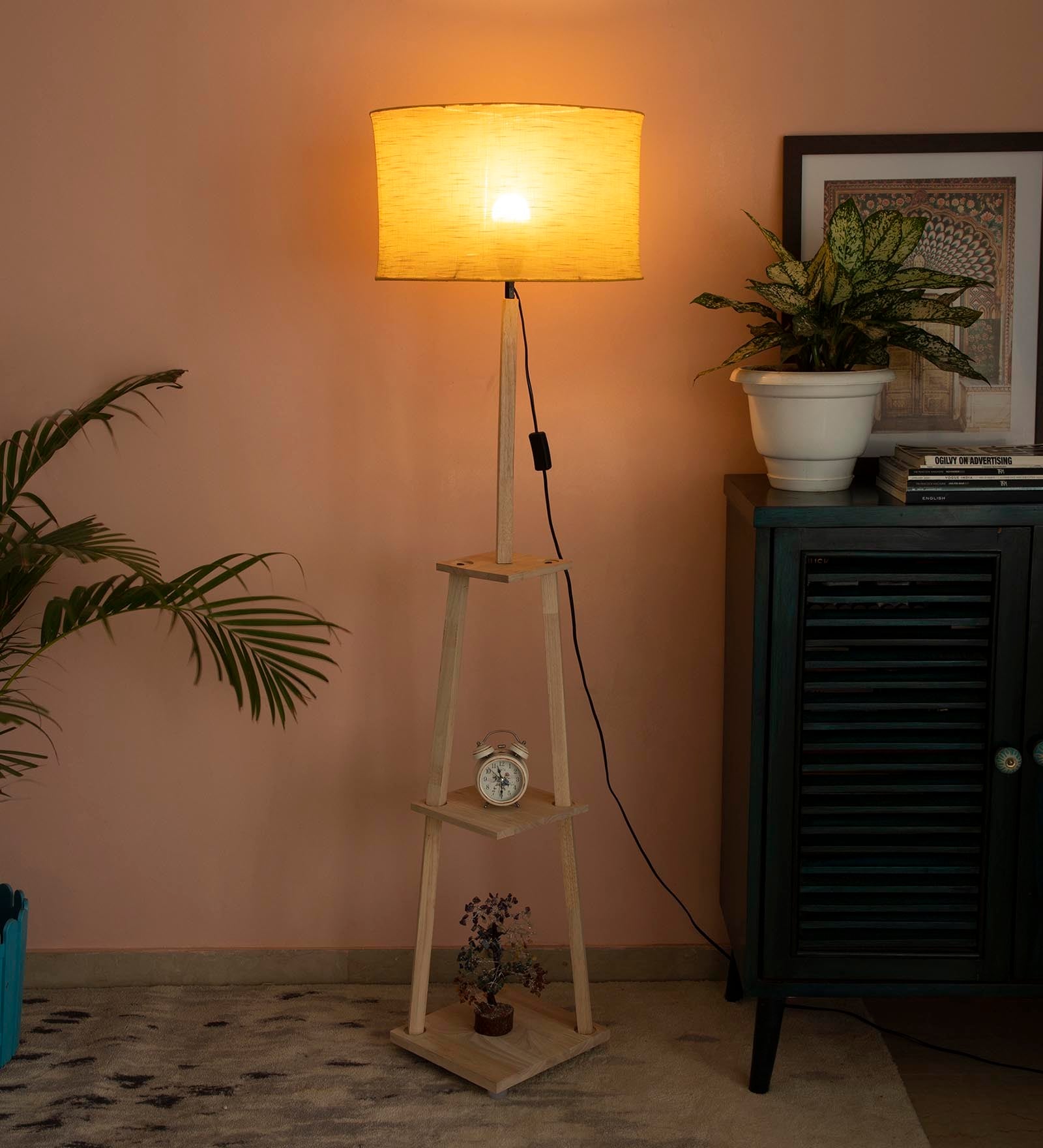 Charlie 2 Tier Shelf Floor Lamp in Solid Wood Base in Natural Wood Color