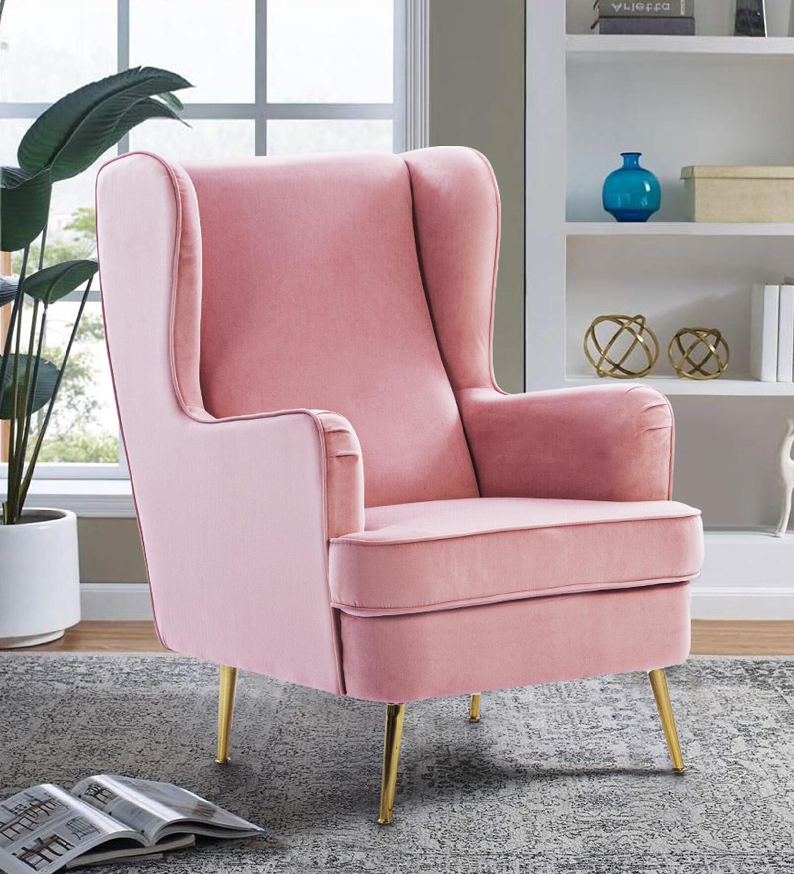 Charm Velvet Wing Chair in Blush Pink Colour