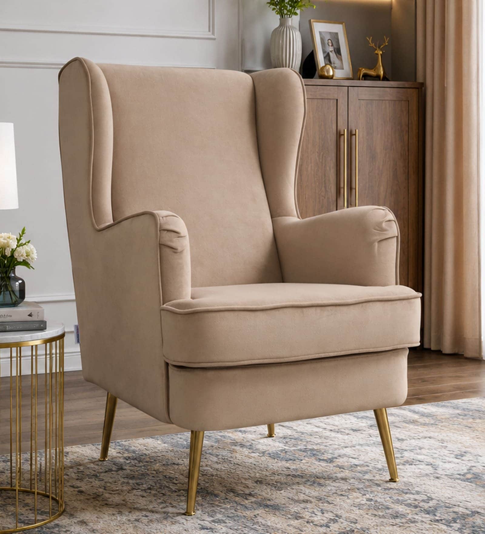 Charm Velvet Fabric Lounge Chair In Brown Colour