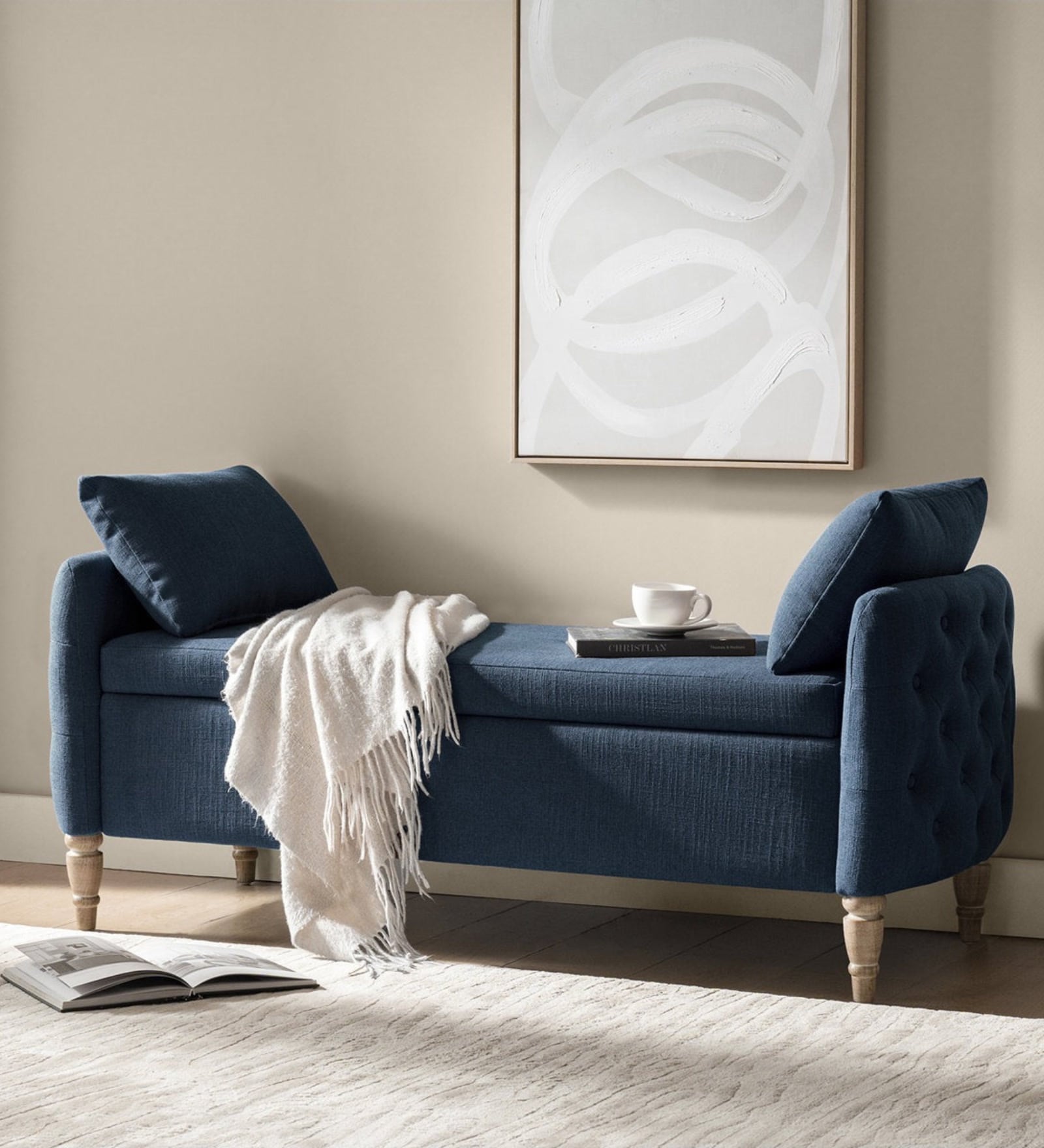 Chateau Fabric Royal Storage Ottoman Ottoman in Blue Colour