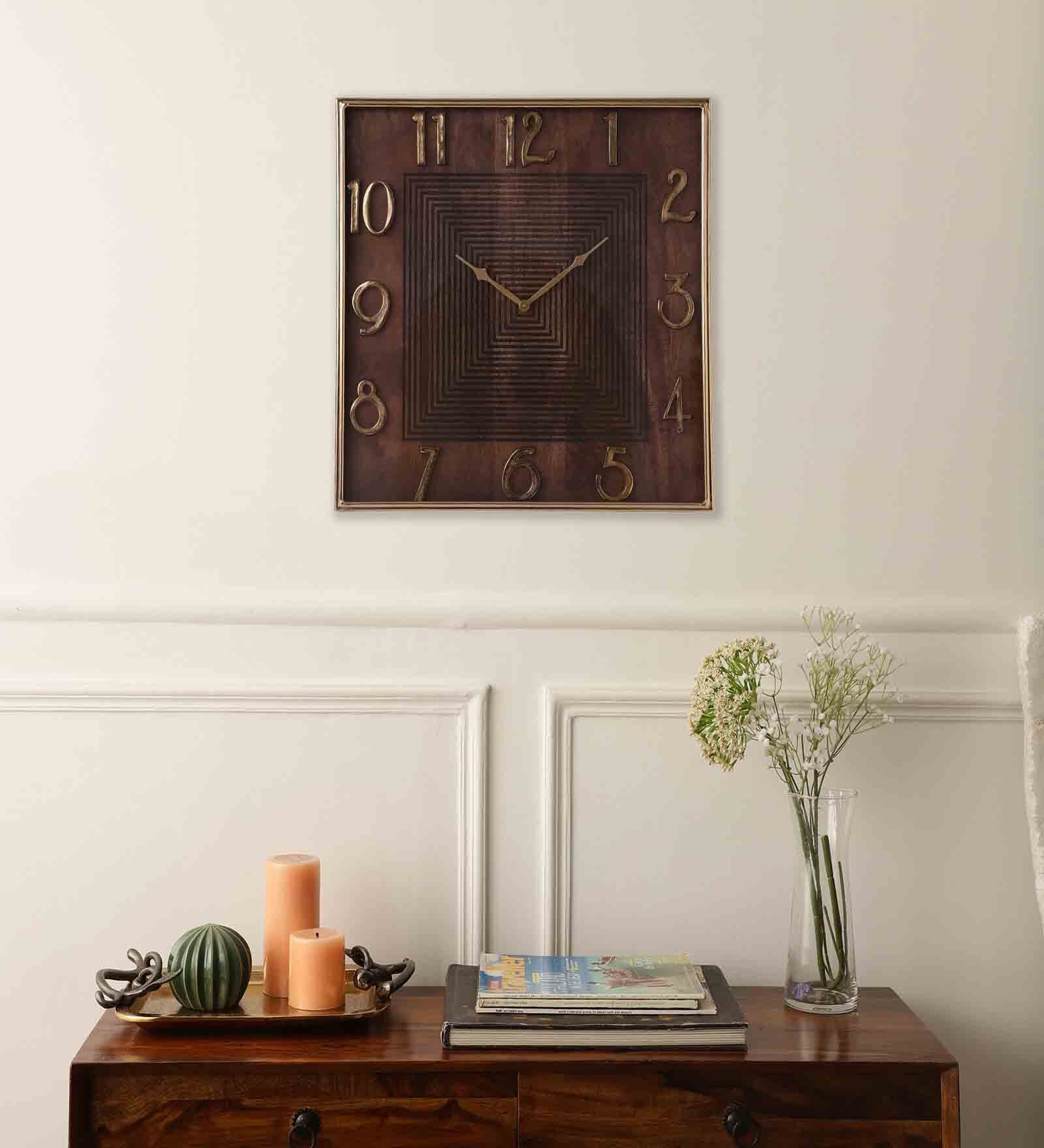 Gold Wood Square Wall Clock