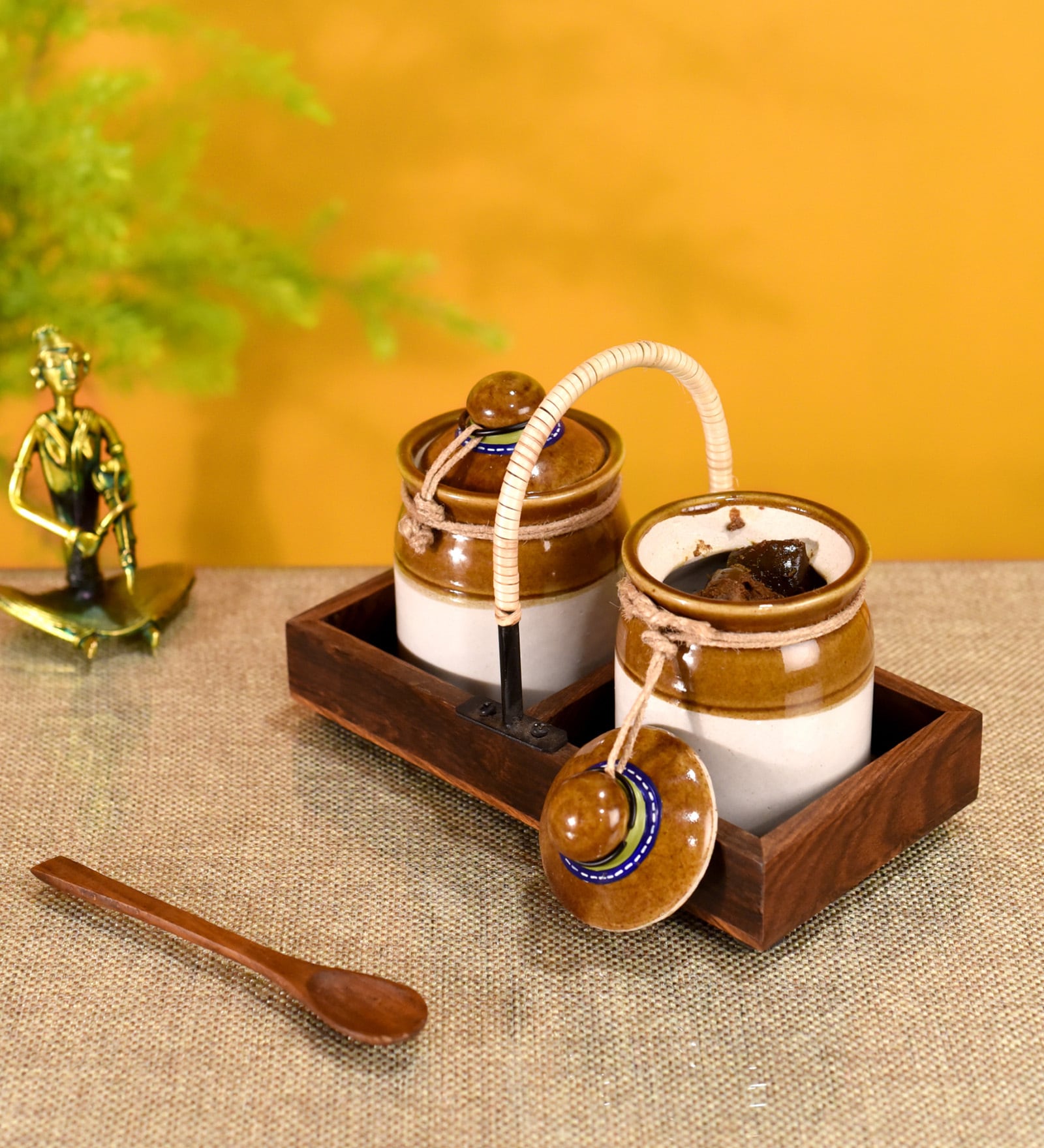 Natural Brown  Glass and Wood 2 Pcs Condiment Jars with Tray