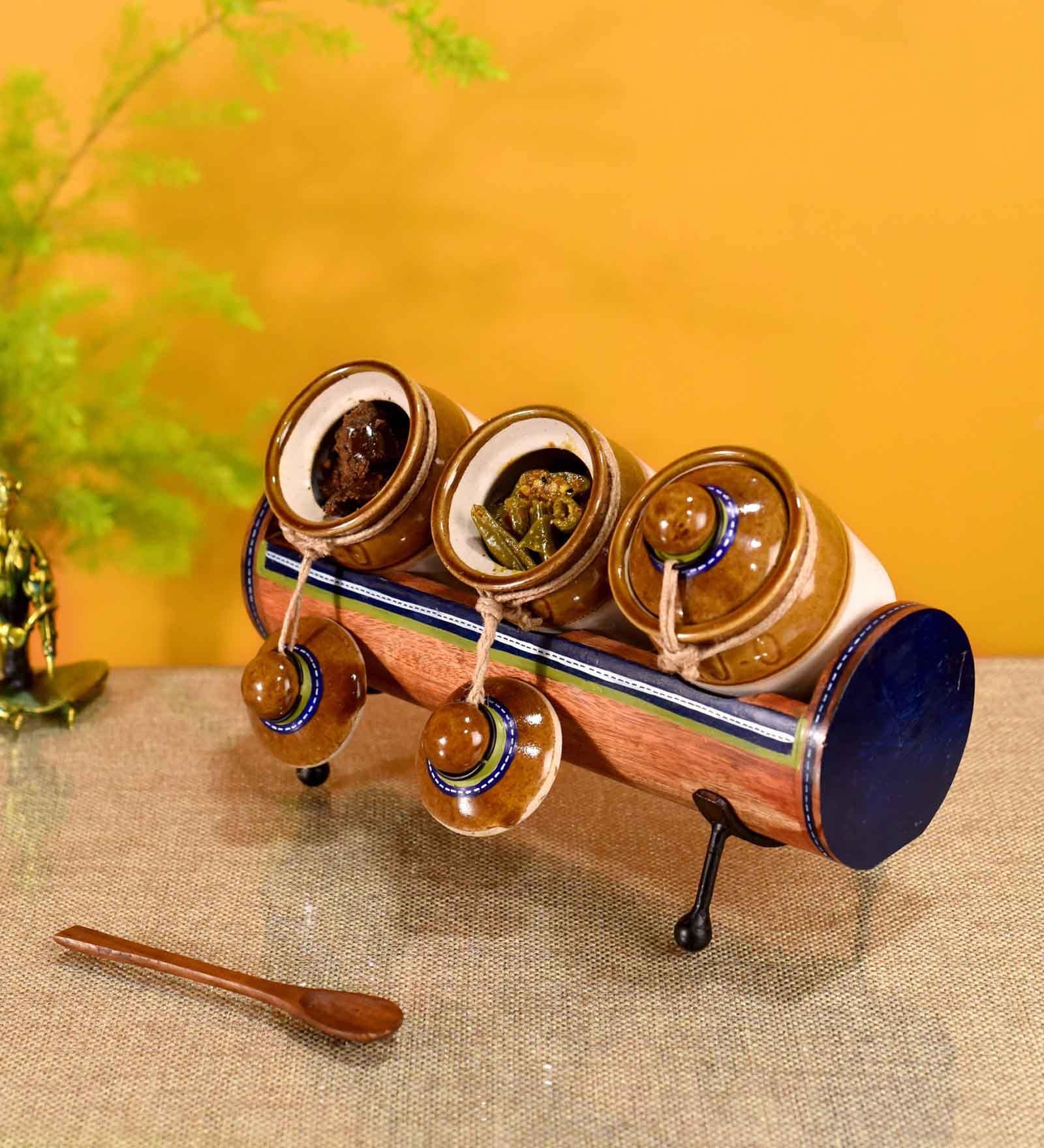 Chatore Blue and Natural Glass and Wood 3Pcs Storage Jar with Stand