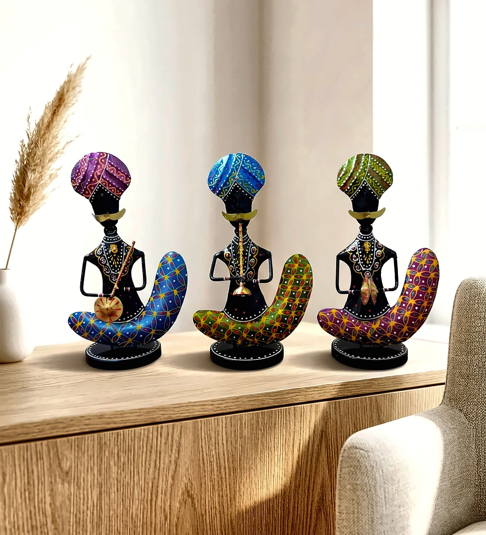 Muliticolor Metal Chaudhary Musicians Decorative Showpiece Set Of 3
