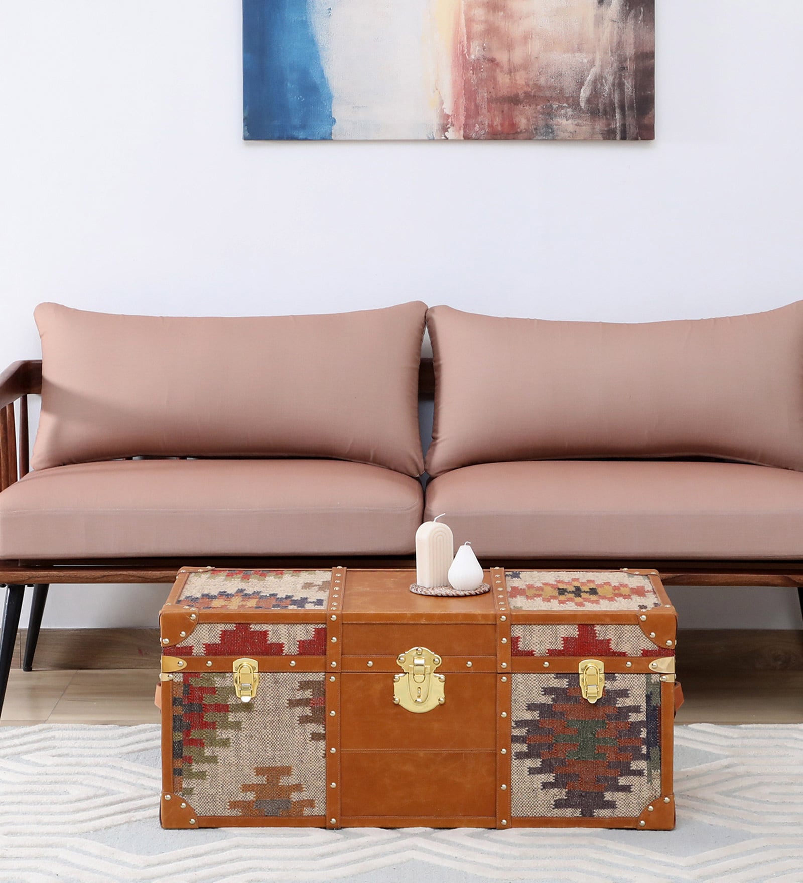 Chavez Leather Linen Trunk In Tan Brown Colour