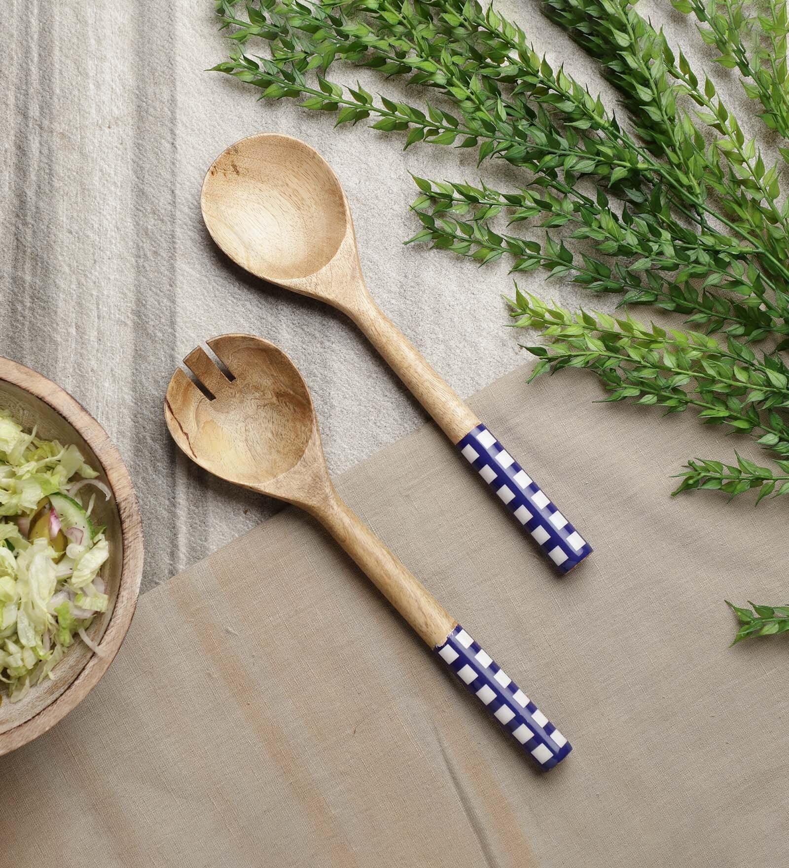 Checkered Blue & White MDF (Set of 2) Serving Cutlery