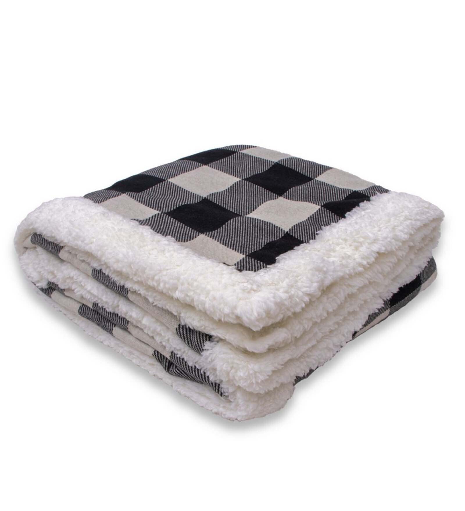 Checkered Sherpa Blanket in Grey & Black Colour