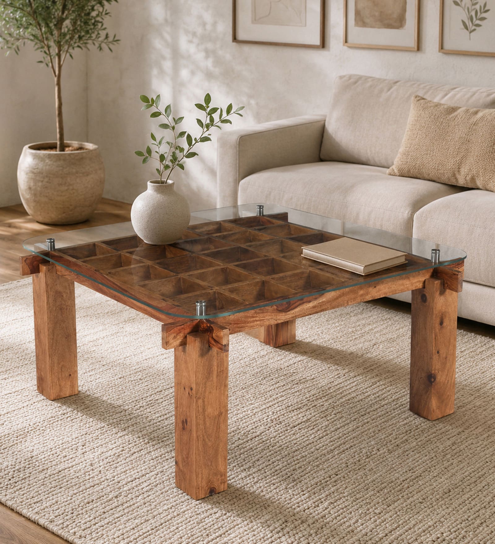 Checkers Sheesham Wood Square Coffee Table in Rustic Teak Finish with Glass Top Checkers Sheesham Wood Square Coffee Table in Rustic Teak Finish with Glass Top