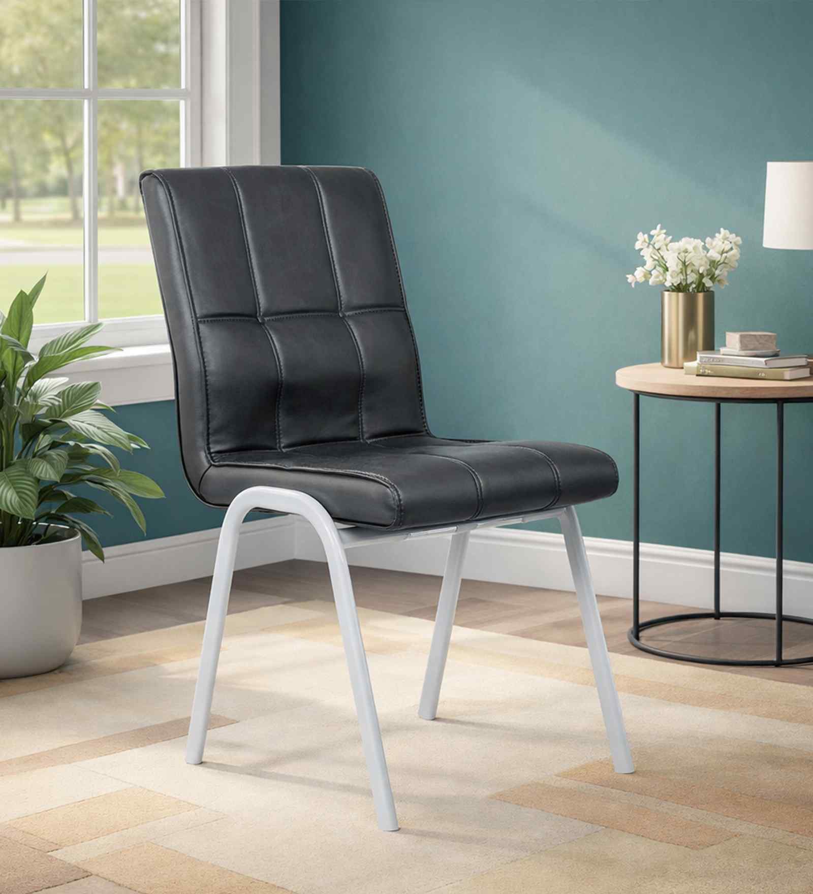 Checks Leatherette Dining Chair In Black Colour Set Of 2