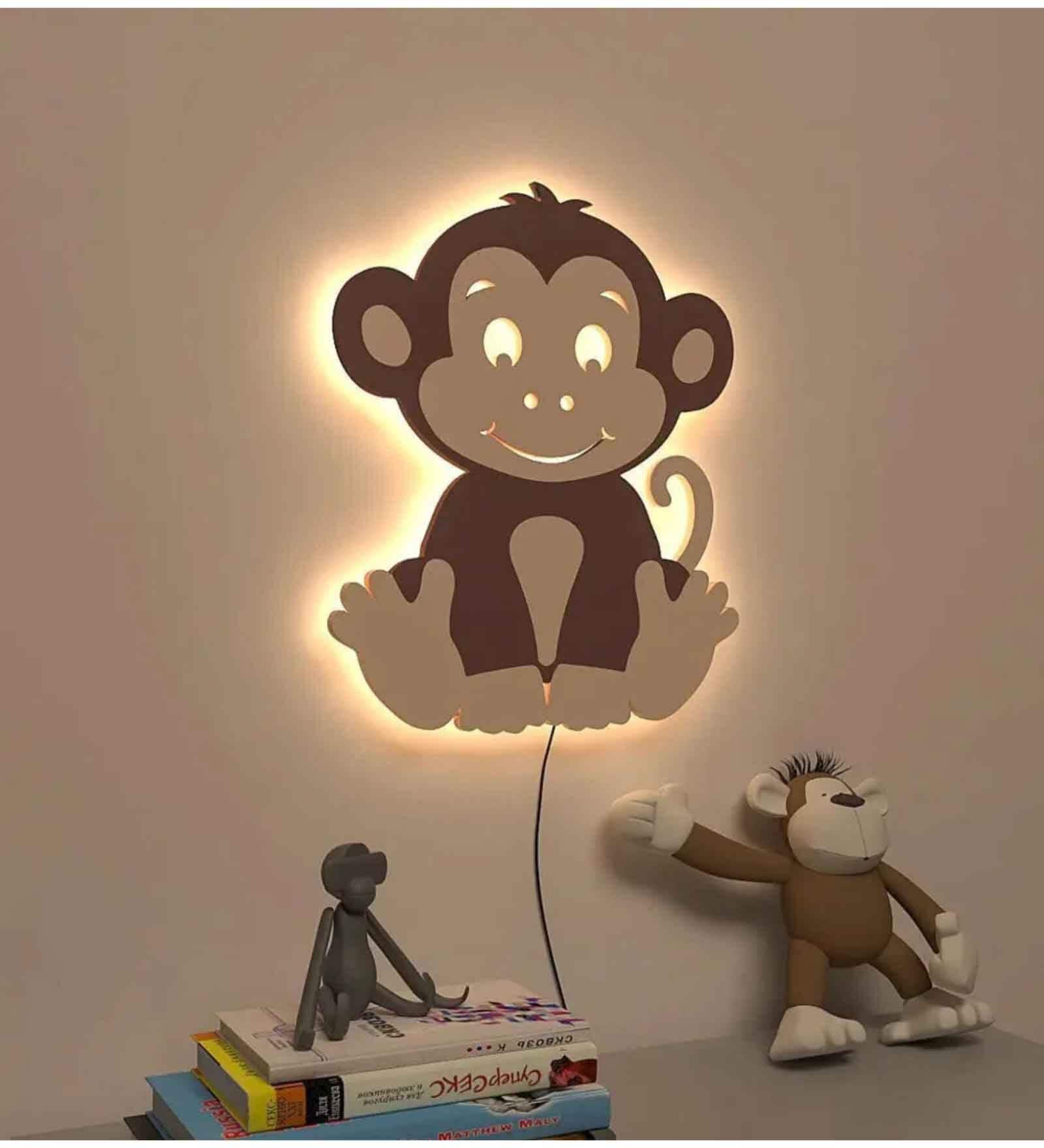 Cheerful Baby Monkey Brown & Beige Engineered Wood Wall Art With LED Light