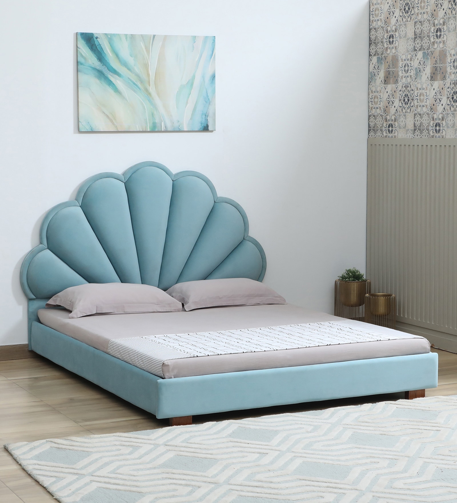 Cheerful Upholstered Queen Size Bed In Blue Colour