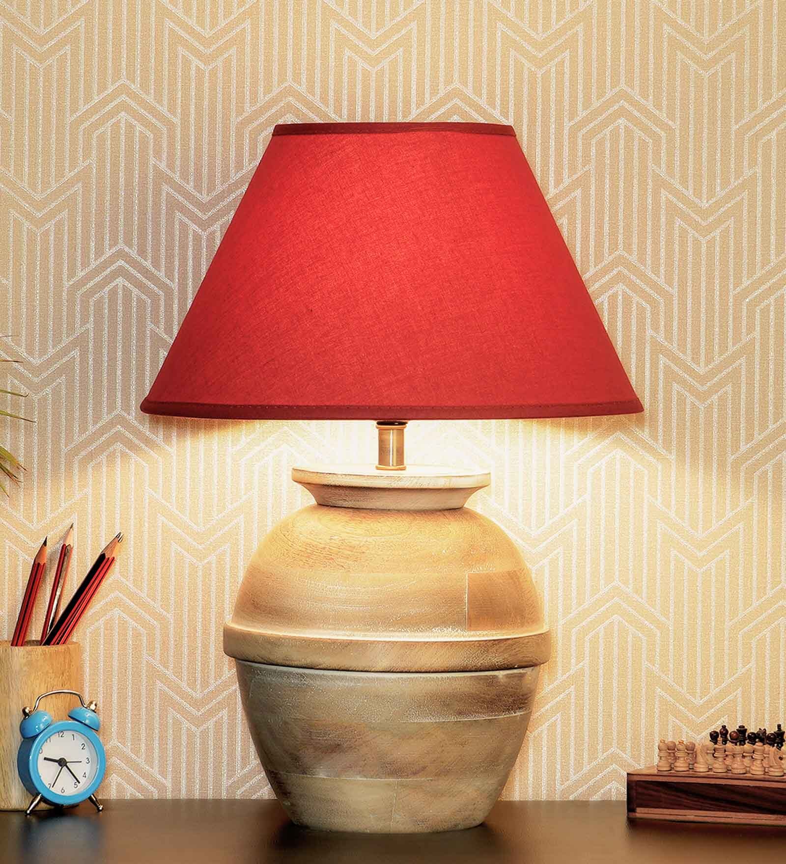 Como Maroon Cotton Shade Night Lamp With Wood Base