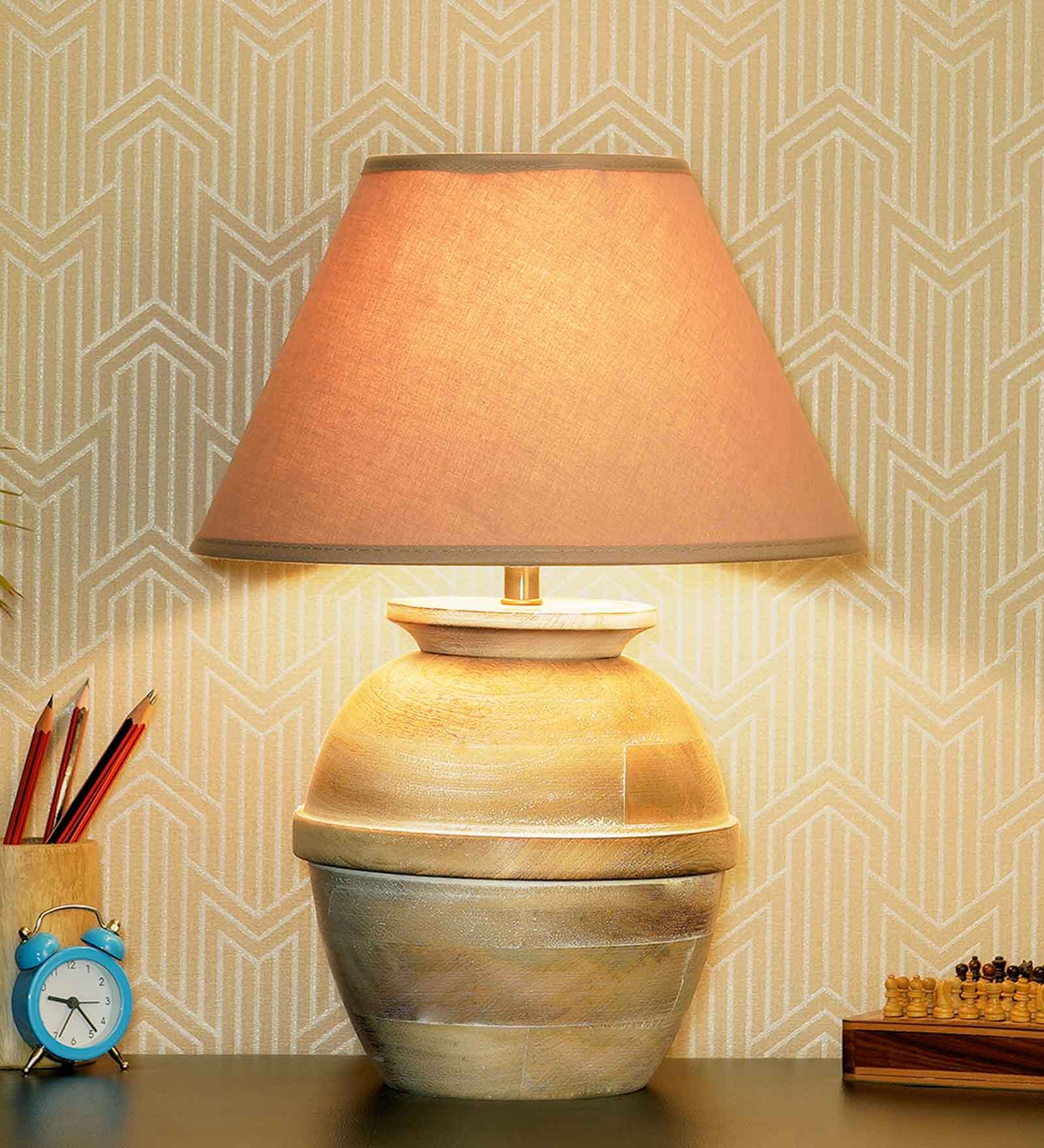 Vicenza Beige Cotton Shade Night Lamp With Wood Base
