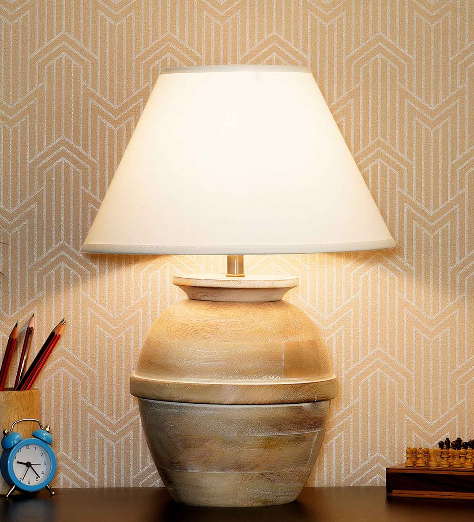 Bolanzo White Cotton Shade Night Lamp With Wood Base