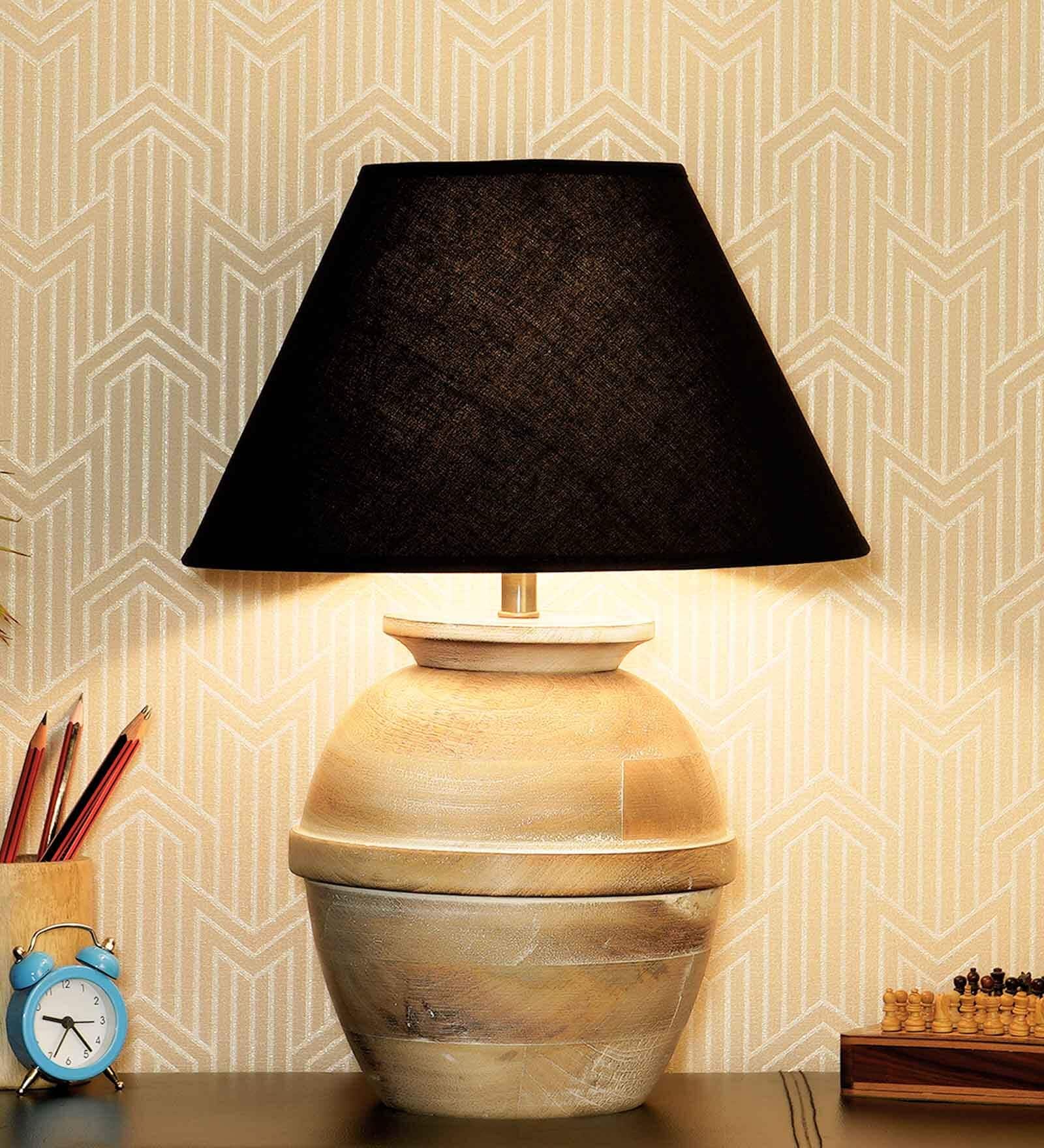 Levo Black Cotton Shade Night Lamp With Wood Base