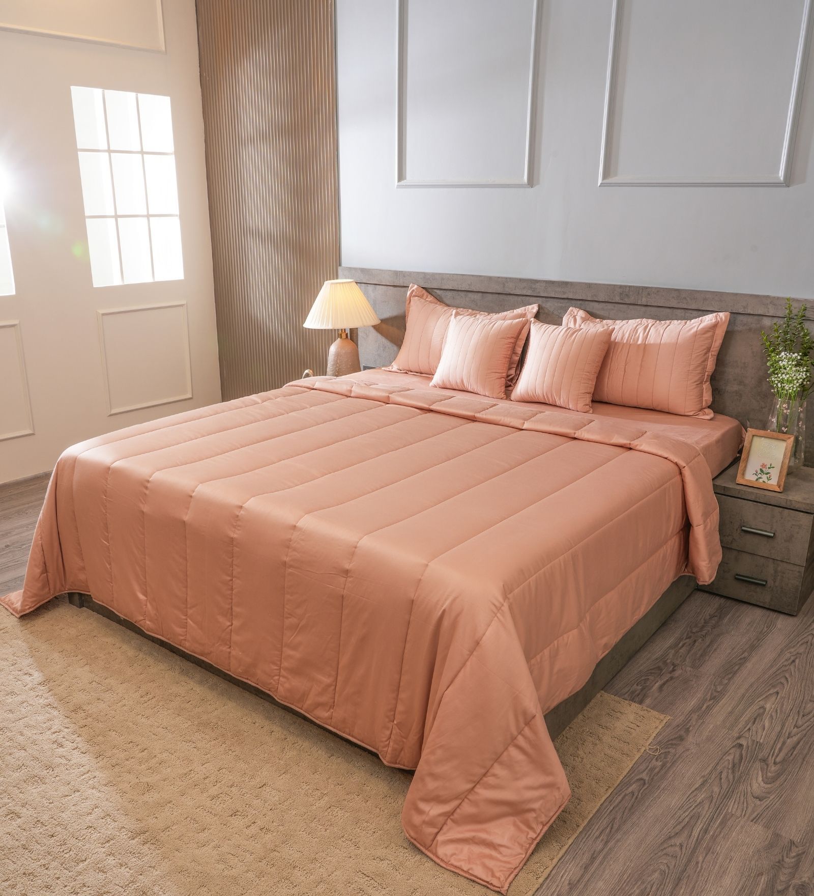 Chempange Rose 300TC 100% Cotton Solid & Quilted Double Bedding Set