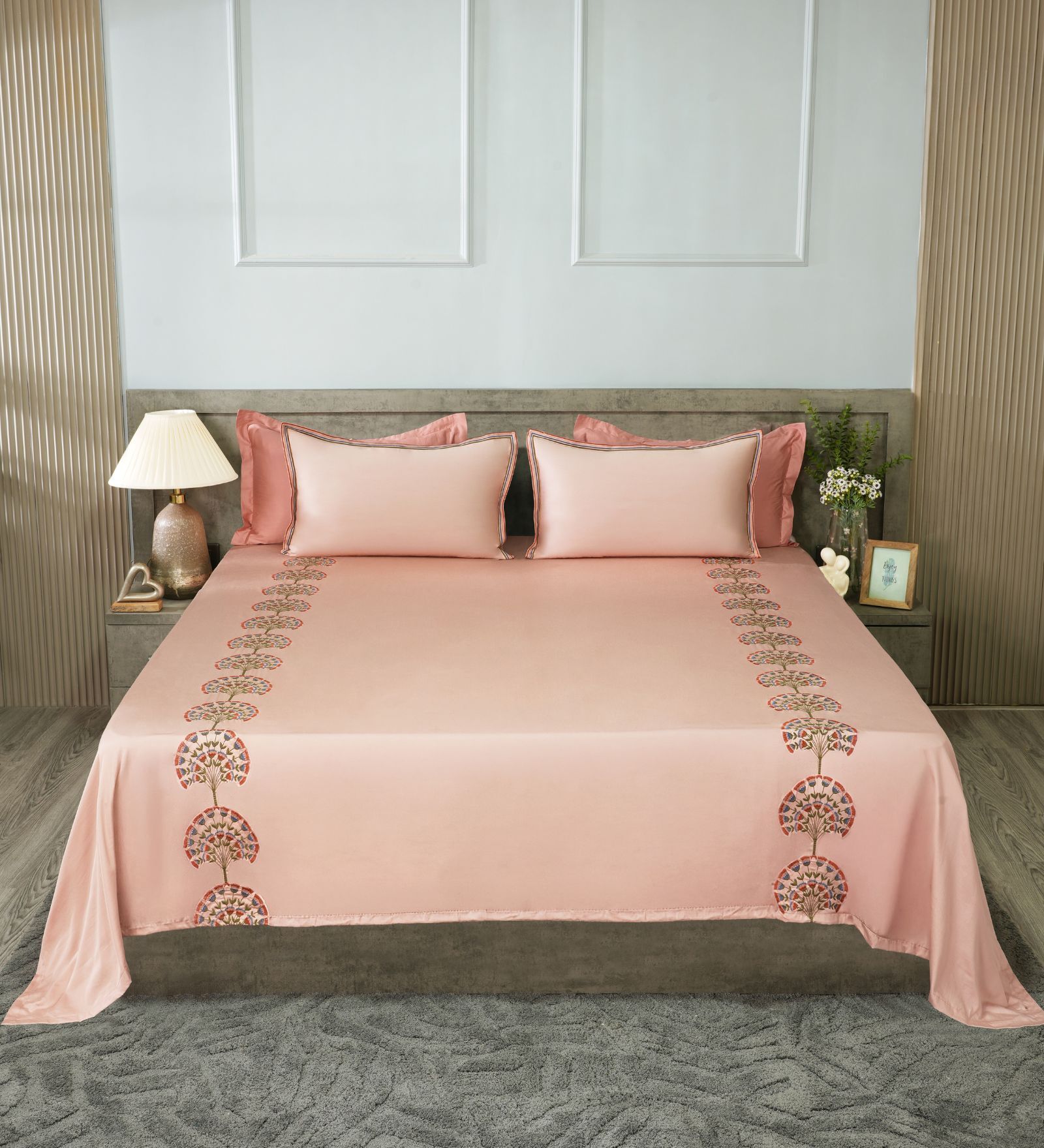 Chempange Rose 300TC 100% Cotton Solids Flat Embroidered Super King Bedsheet With 2 Pillow Covers