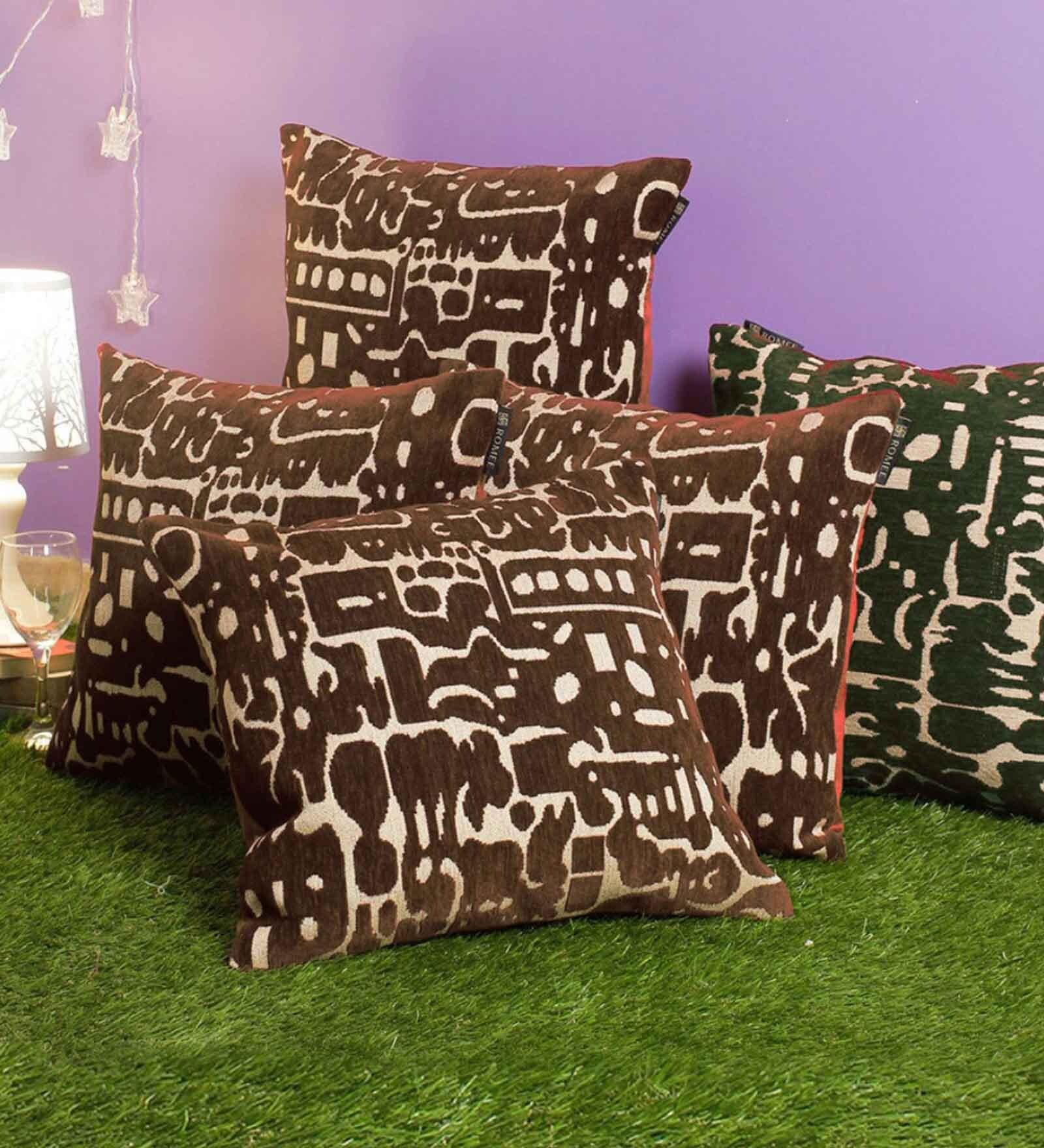 Brown Velvet Geometric 16x16 inches Cushion Cover (5Pc)