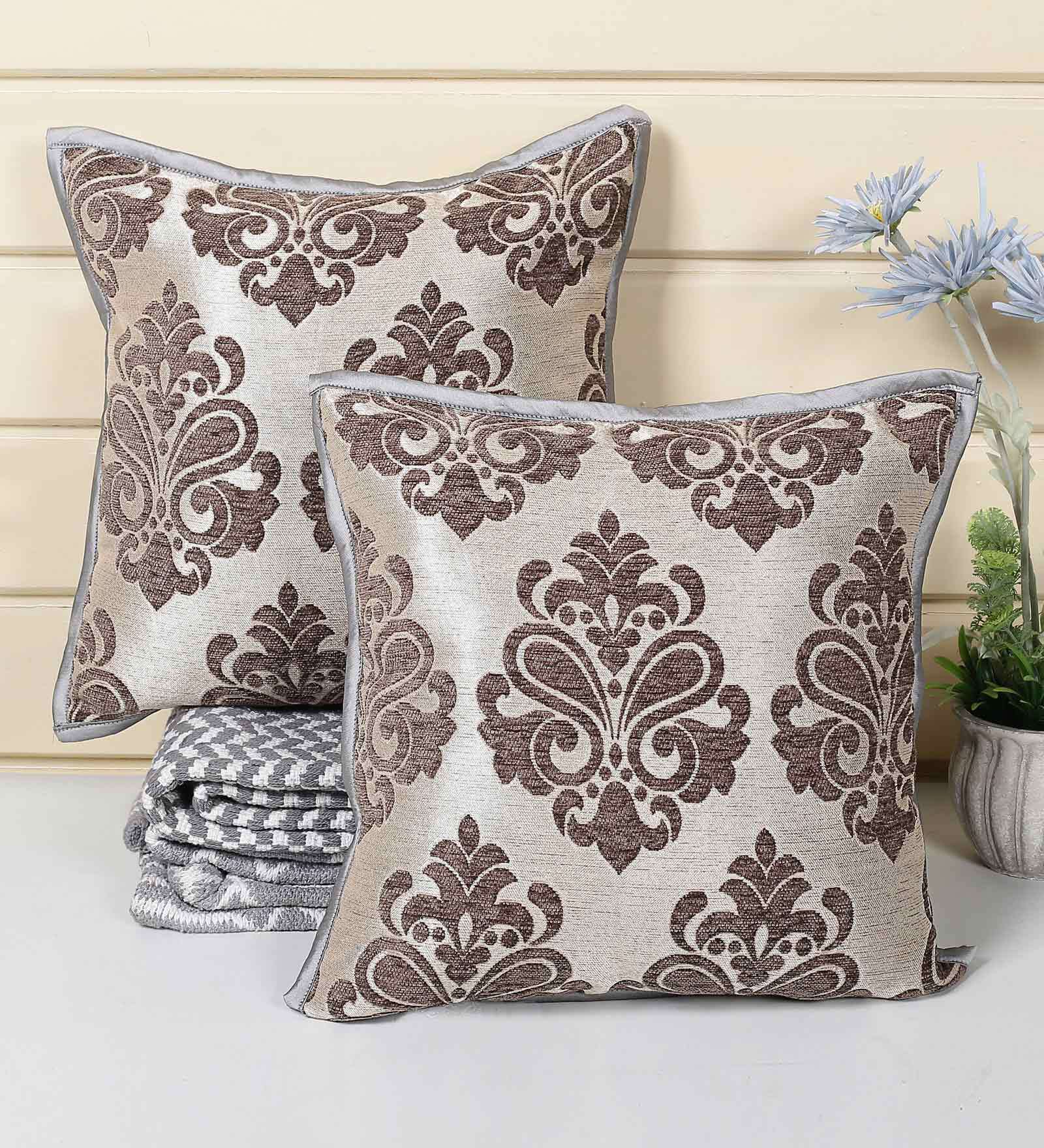 Grey Traditional Chenille 16 x 16 Inches Cushion Covers (Set of 2)
