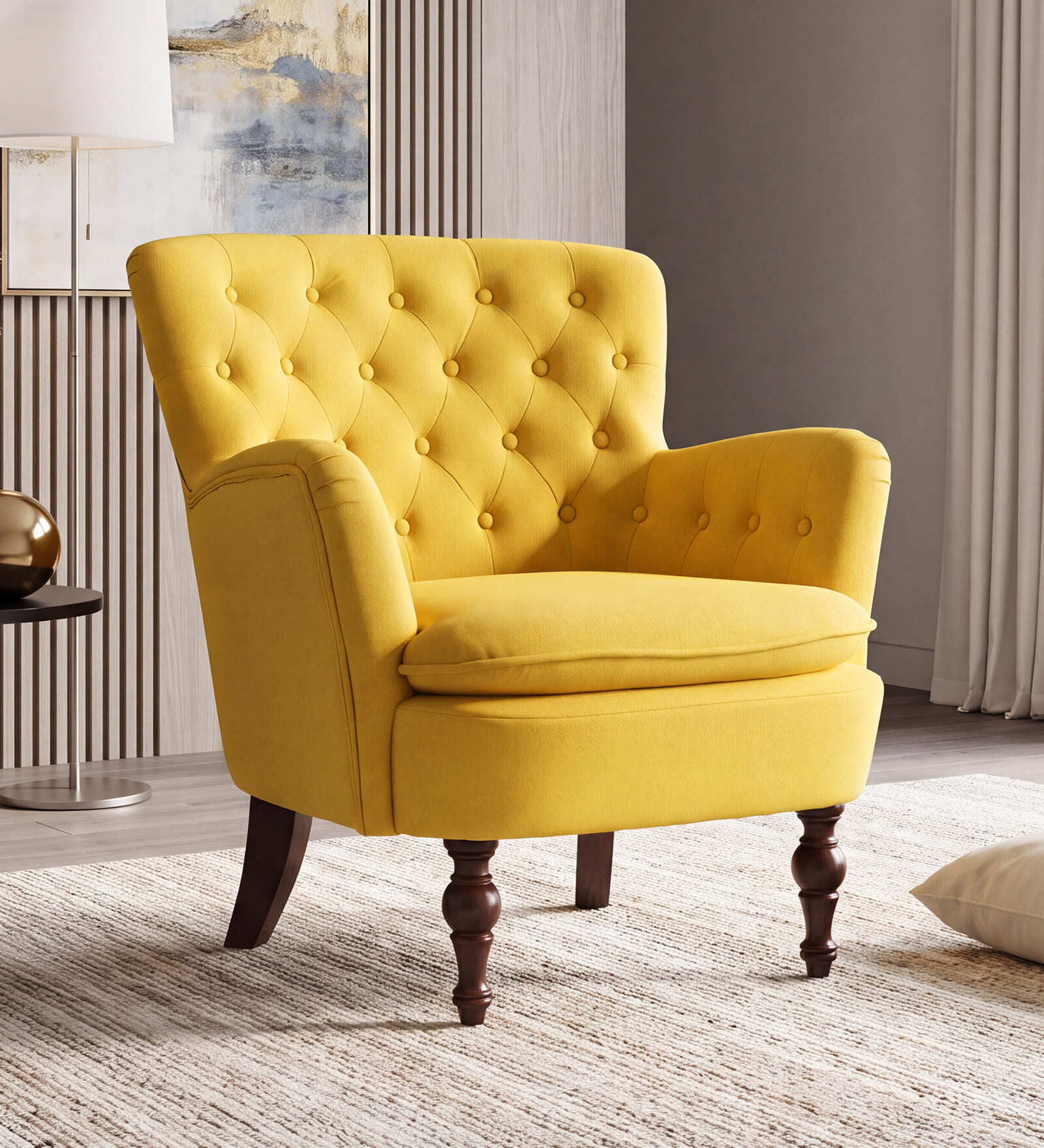 Chenille Tufted Velvet Fabric Arm Chair In Yellow Colour