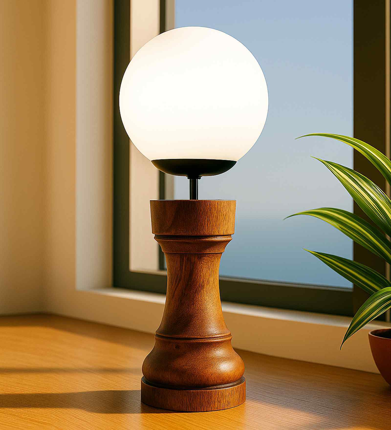Chess Decorative Bedside Table Desk Lamp White Frost Shade, Handmade Wooden, Rook