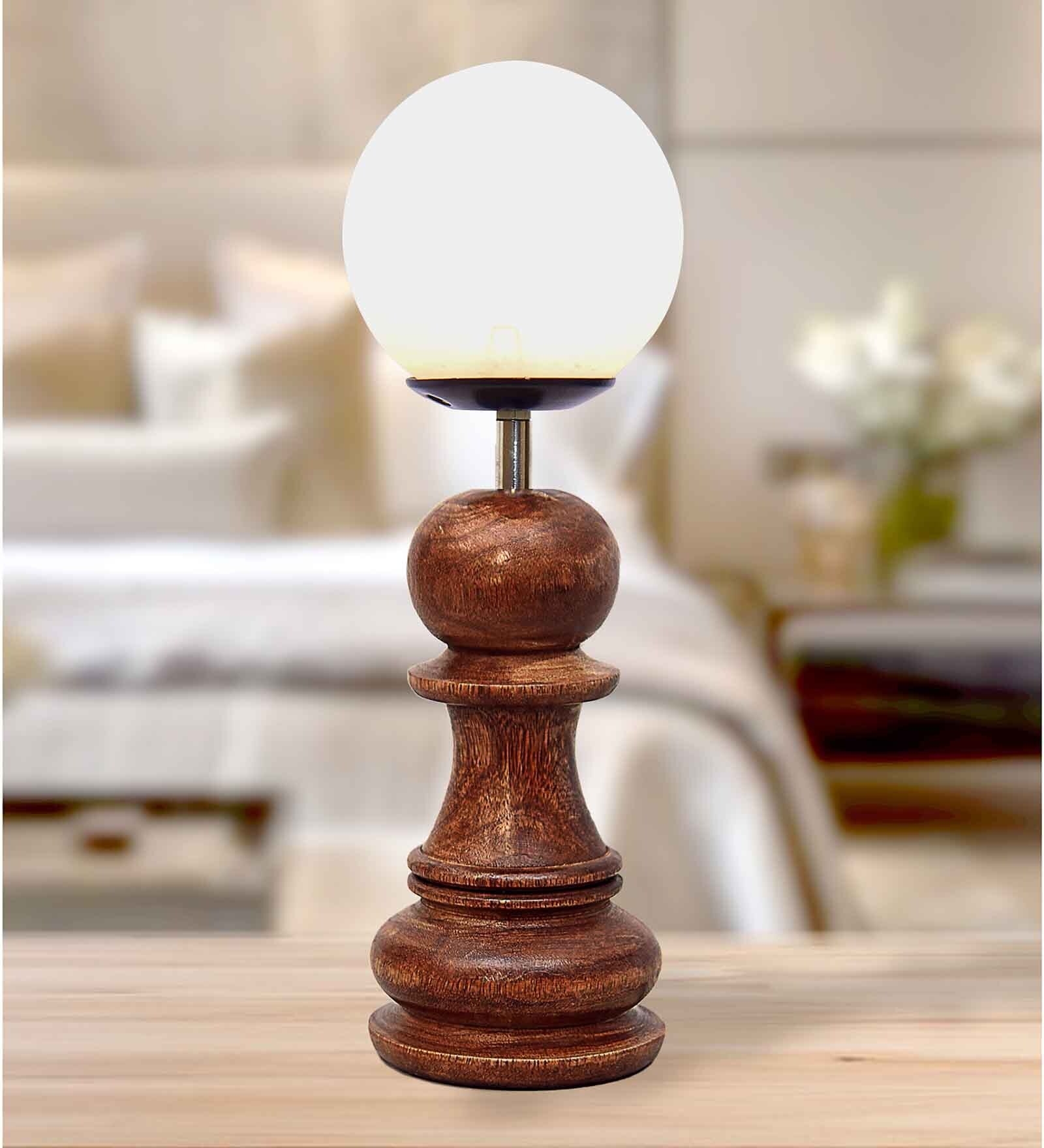 Chess Table Desk Lamp White Frost Shade, Handmade Wooden, Pawn