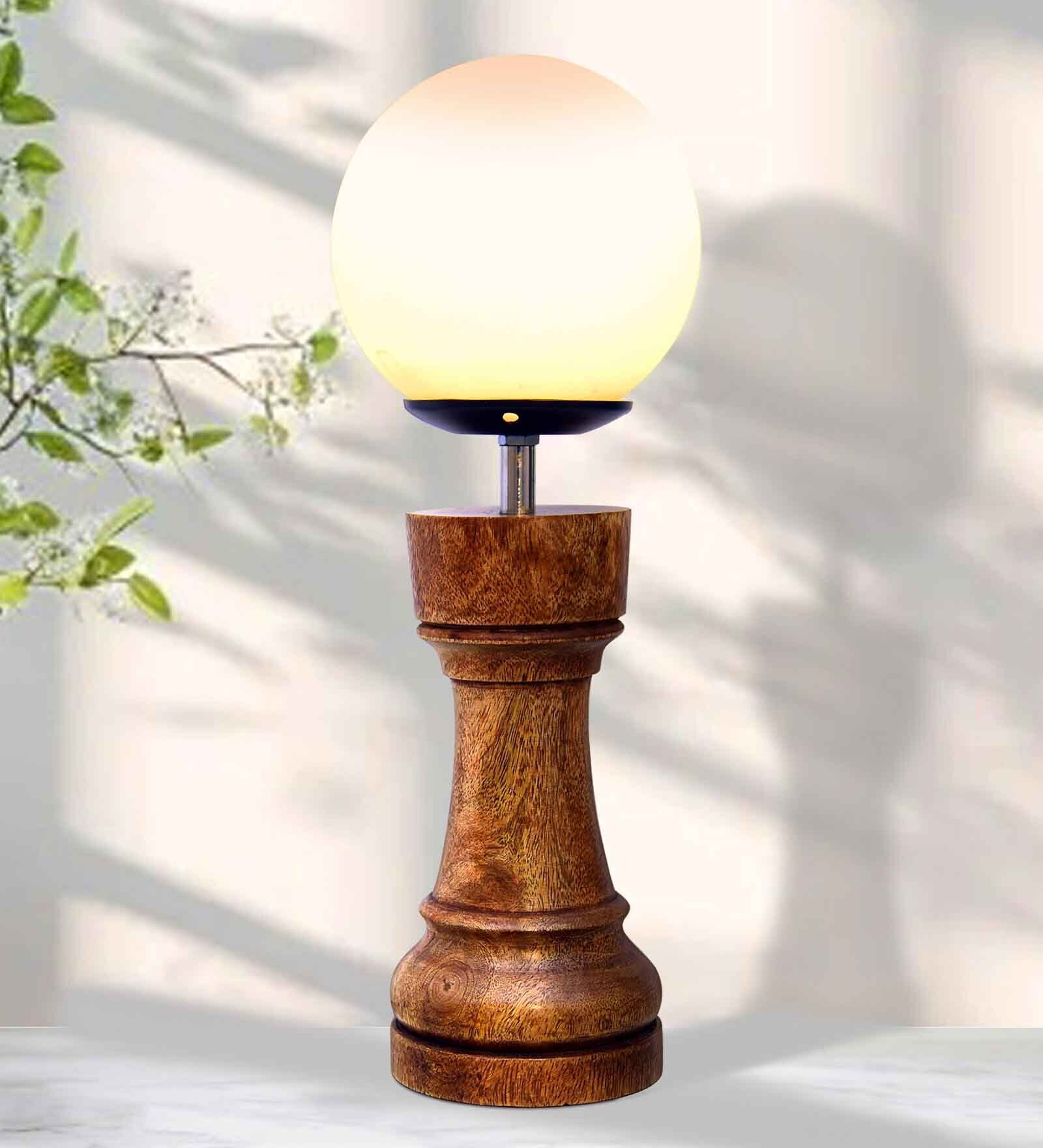 Chess Decorative Bedside Table Desk Lamp White Frost Shade, Handmade Wooden, Rook