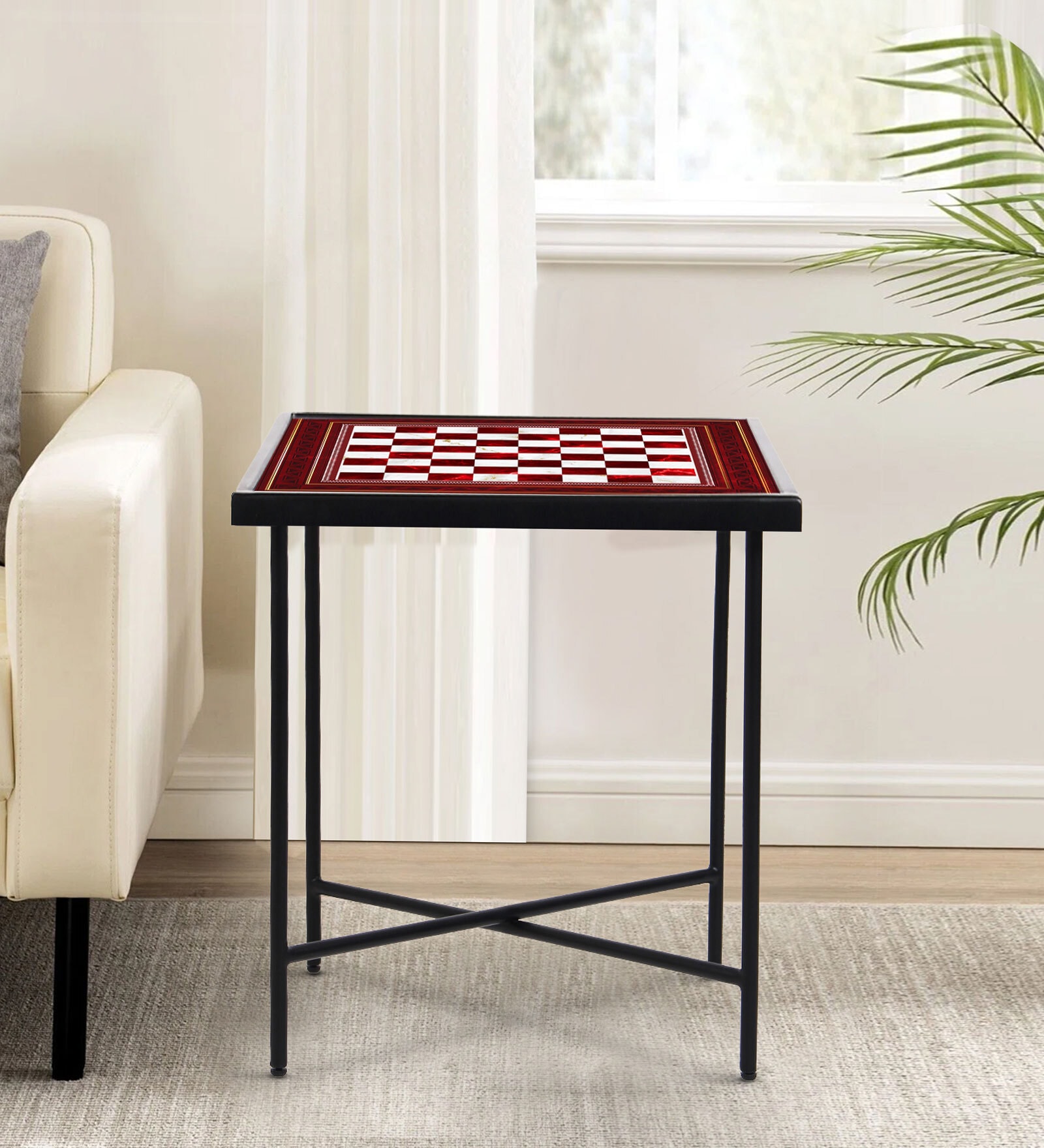 Chess Glass Top Patio Table in Red And White Colour Chess Glass Top Patio Table in Red And White Colour