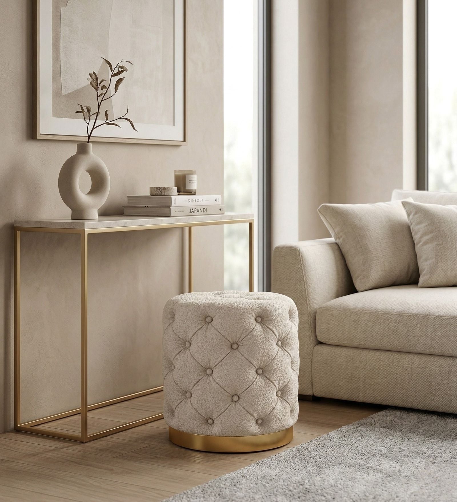 Chester Beige Round Ottoman Stool With Gold Metal Base Chester Beige Round Ottoman Stool With Gold Metal Base