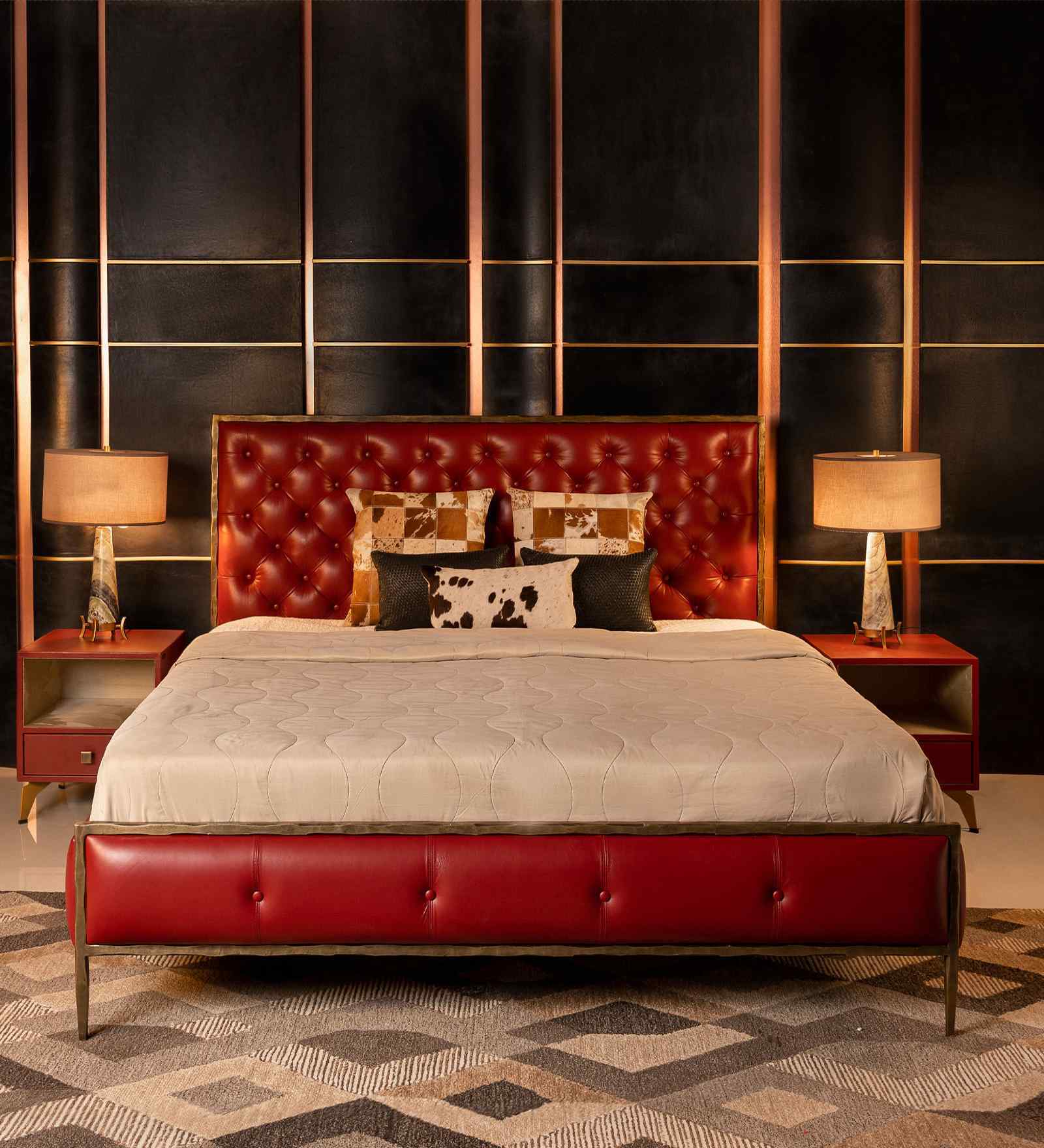 Chesterfield Leather King Size Bed In Red Finish