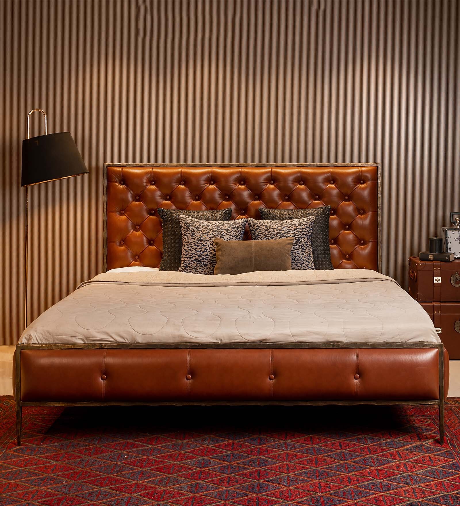 Chesterfield Leather King Size Bed In Tan Finish