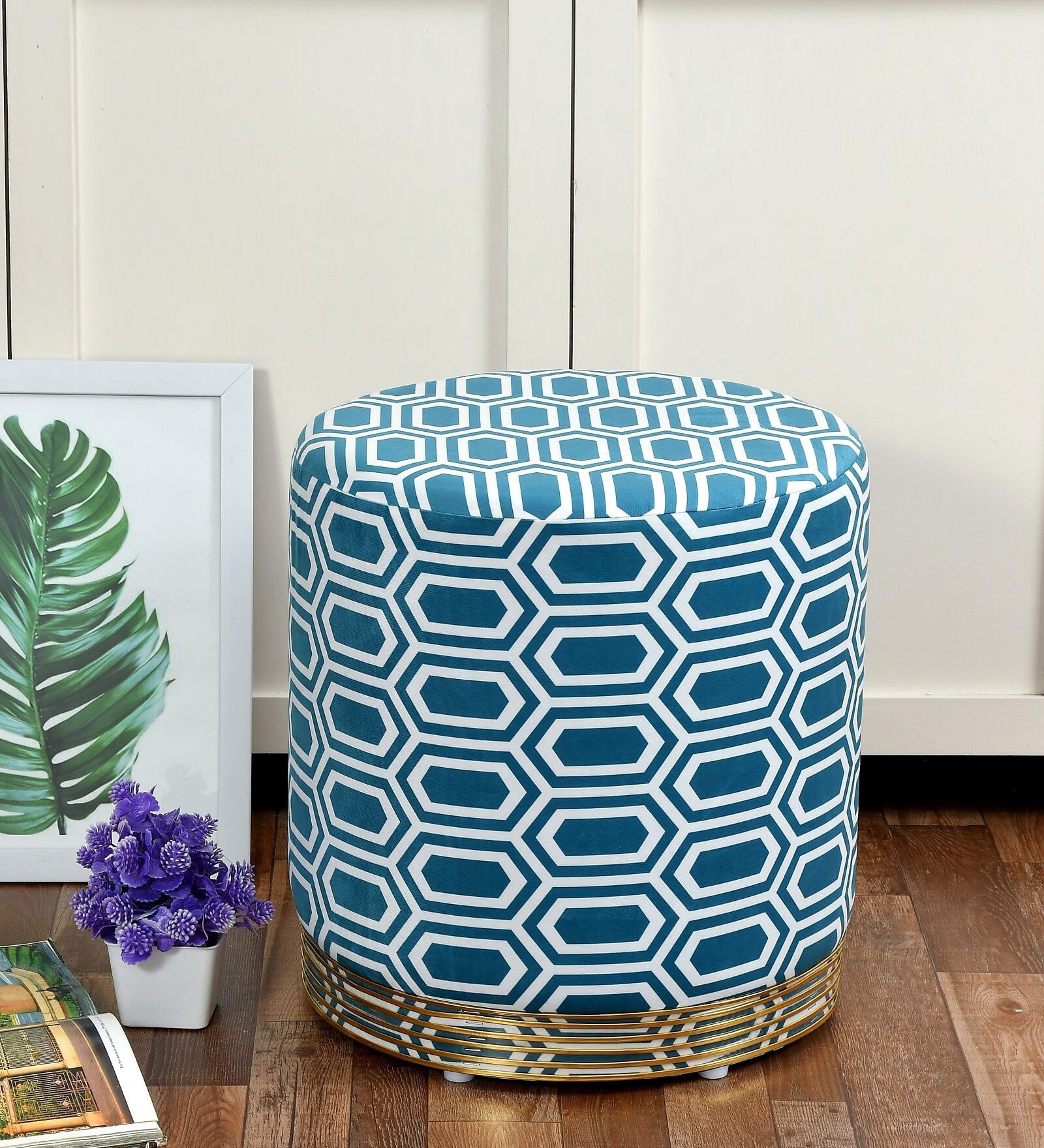 Cheveron Velvet Pouffe in White & Blue Colour