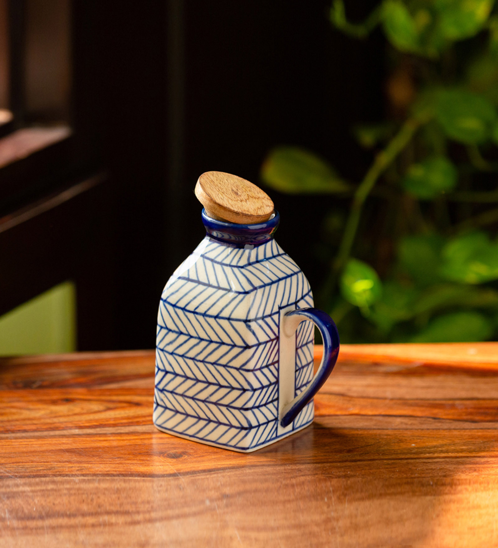 Chevron Hand- Painted 480ml Multicolour Ceramic & Mango Wood Jug with Airtight Lid