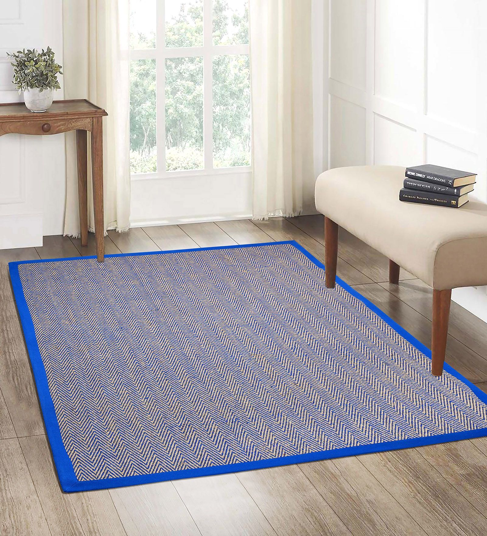 Blue Chevron Jute & Cotton Woven 3X5 Ft Carpet