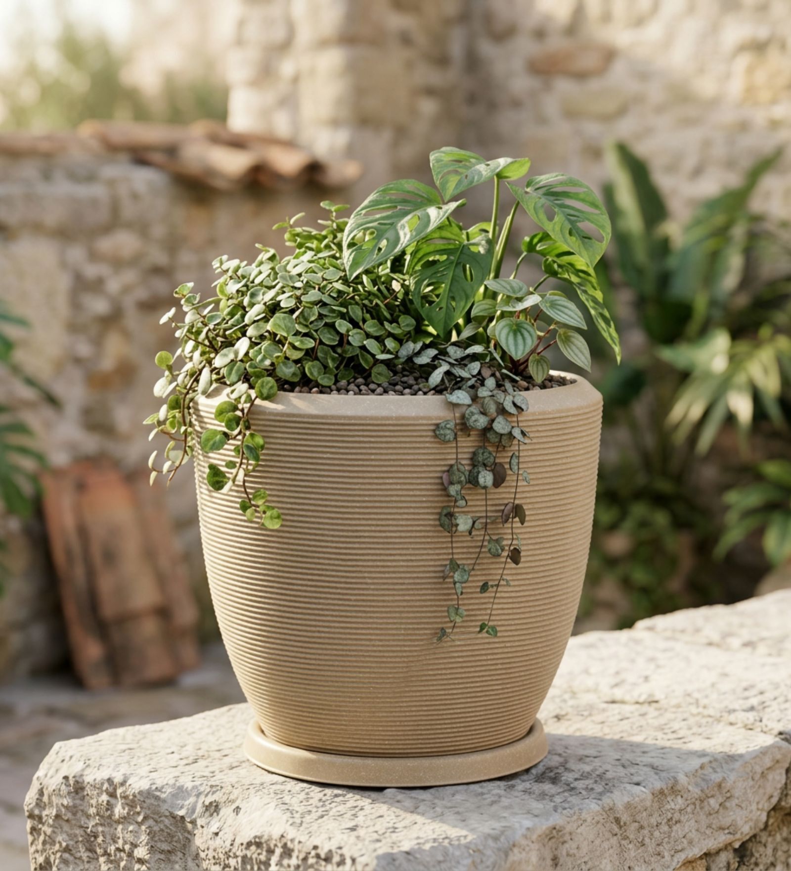 CHIA Beige 12 Inch German Polymer Round Plant Container With Saucer