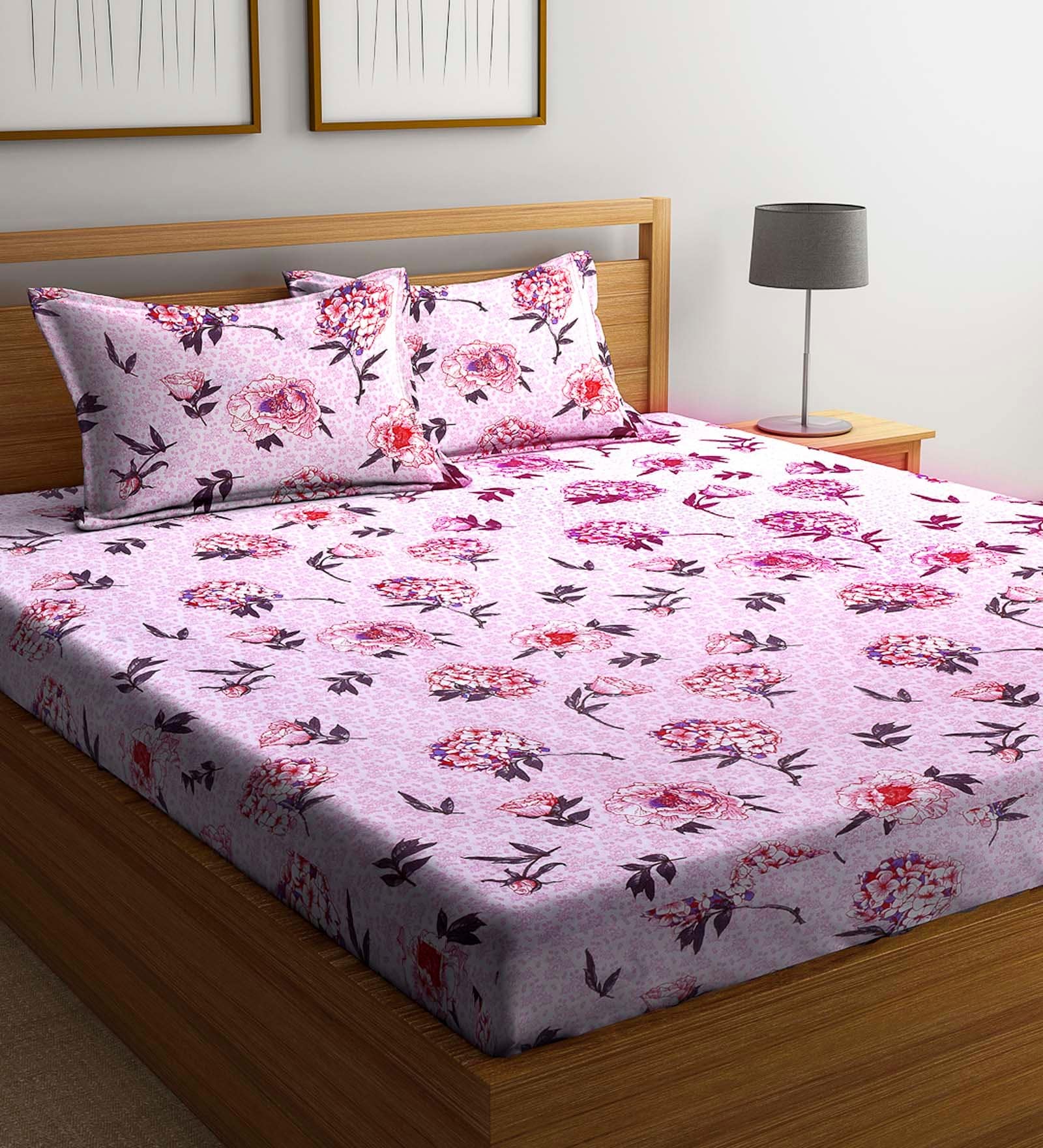 Buy Pink Floral 144 TC Cotton Queen Sized Bed Sheets with 2 Pillow